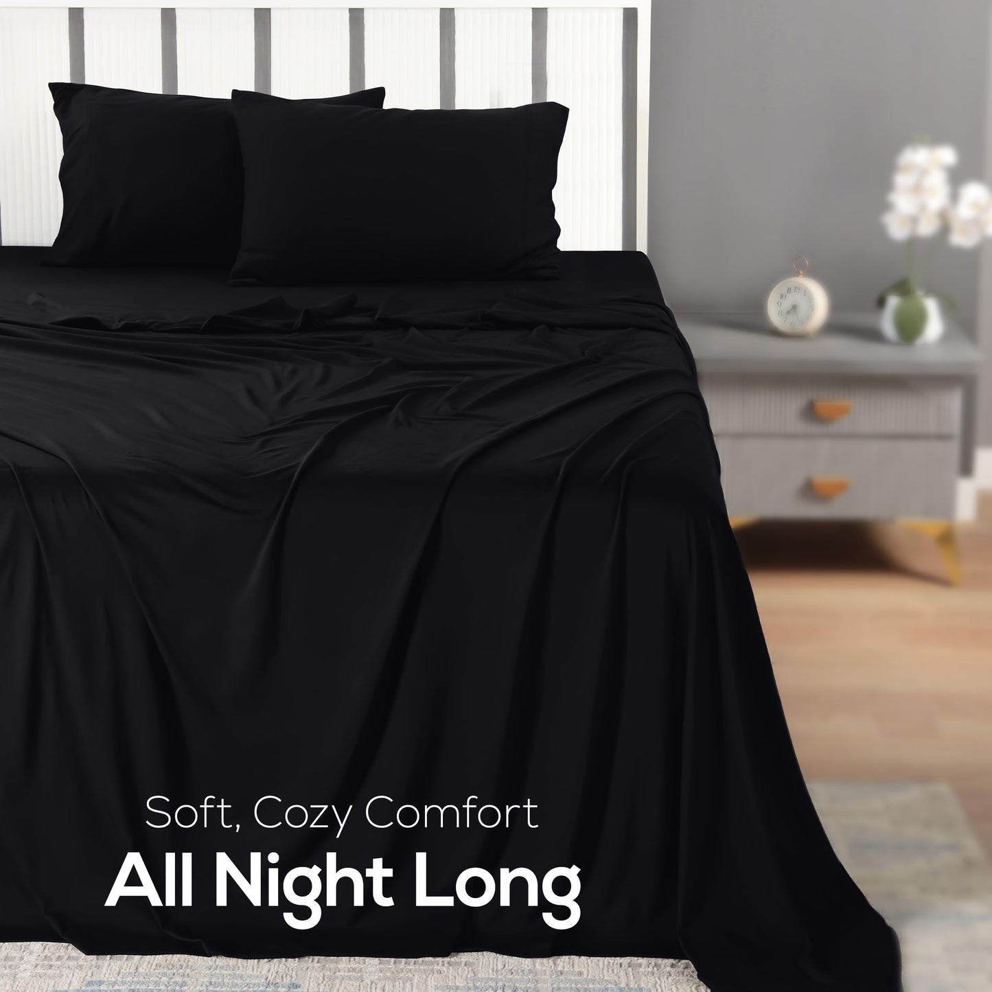 Utopia Jersey Knit 4-Piece Queen Sheet Set Cotton Sheets Soft, Stretchy T-Shirt Fabric (Queen, Black)