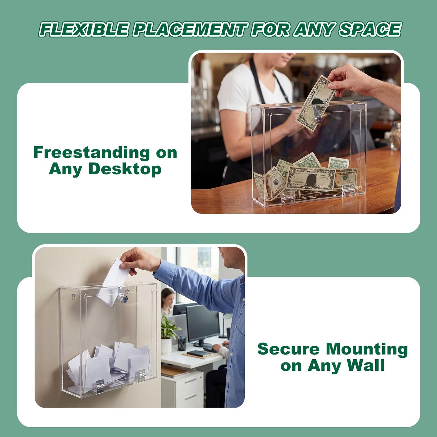 Juexica Acrylic Donation Box with Lock & Sign Holder, Large Clear Locking Suggestion Box for Fundraising Voting Secure Cash Drop, Wall Mounted 4mm Thick Shatter Resistant(12"l X 3"w X 10"h,Upper Lock)