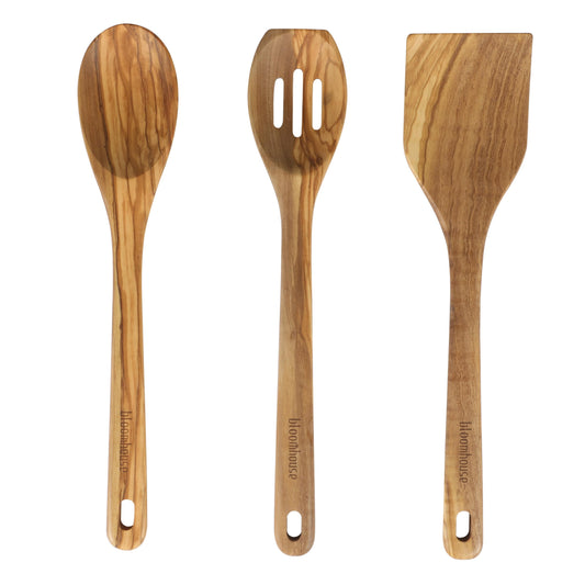 Bloomhouse Italian Olive Wood 3-Piece Kitchen Utensil Set – Extra-Large 14-Inch Turner, Spoon & Slotted Spoon, Durable Wooden Cooking Tools
