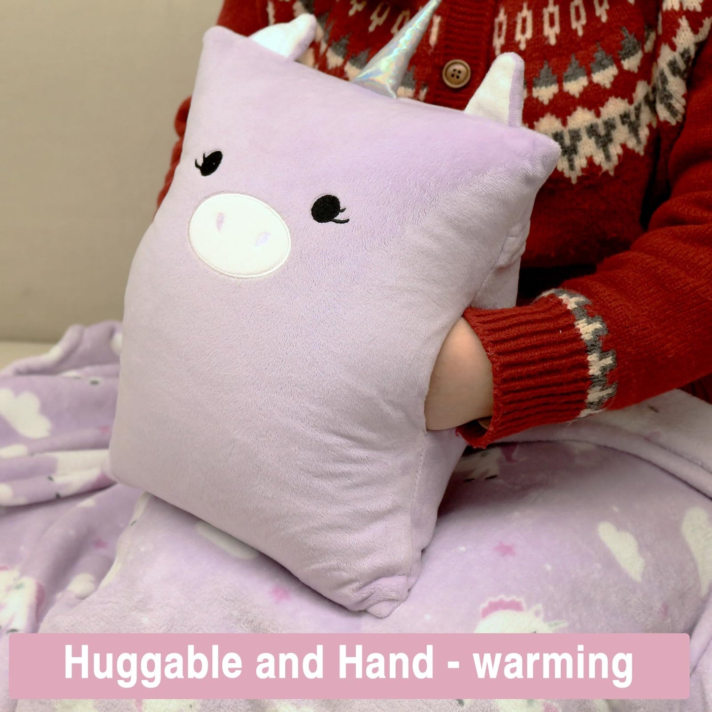 VigorSpring 3-in-1 Kids Travel Pillow and Blanket Set, Snuggle Pillow with Hand Warmer, 40x60 inches Unicorn Blanket for Girls Compact, Perfect for Travel, Camping, Home and Office