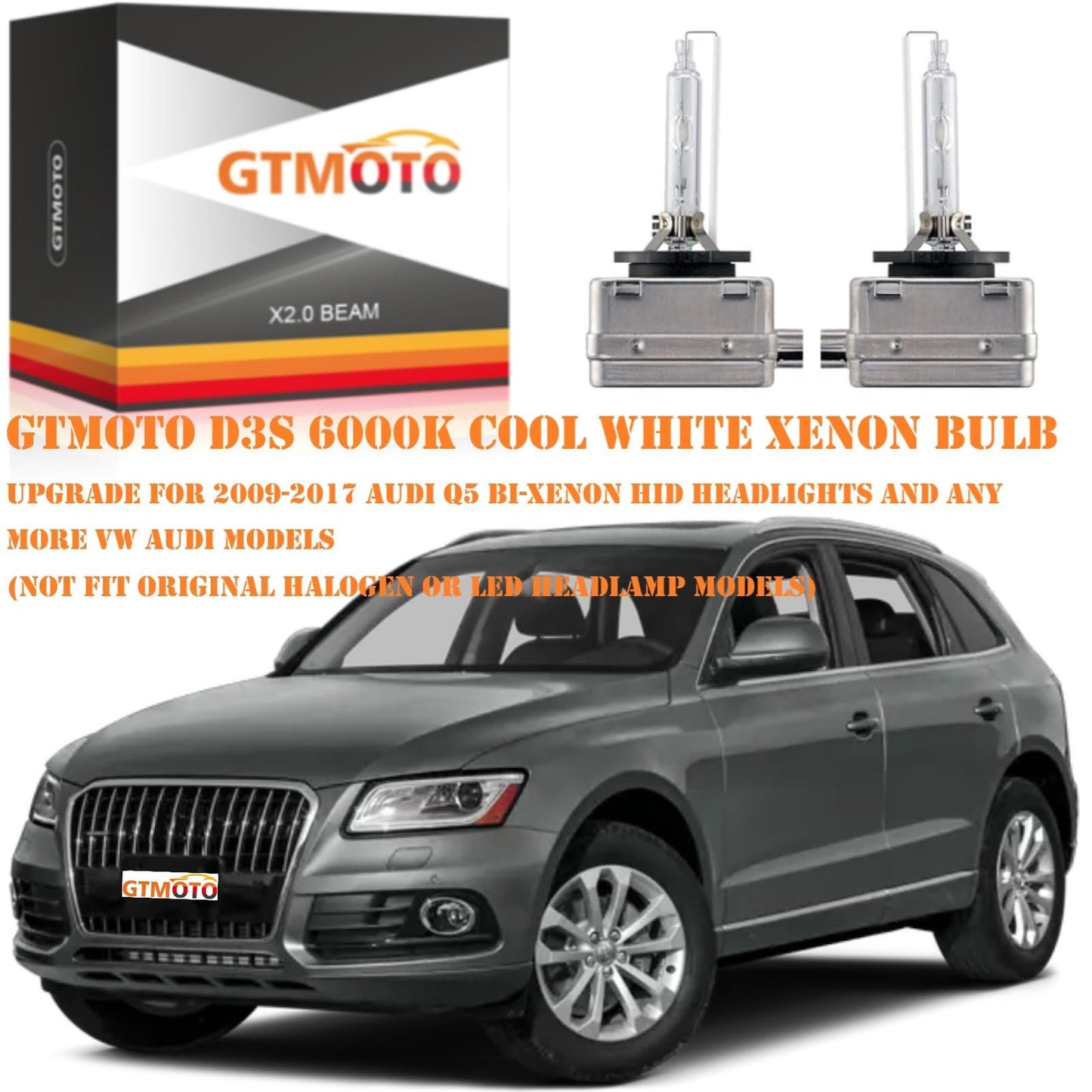 GTMOTO for 2008 2009 2010 2011 2012 2013 2014 2015 2016 2017 Audi Q5 A5 Headlights D3S Xenon HID Bulb, S5 SQ5 Quattro Adaptive Headlamp 35W OEM D3SC1, 6000K White Bi-xenon Projector Light, 2-Pack