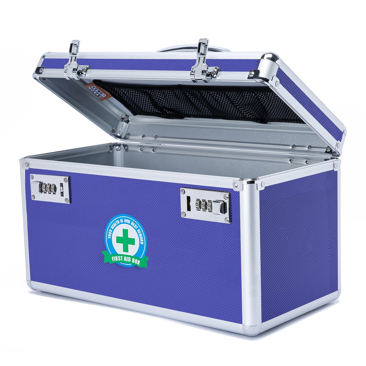 HEWEI WORKS Lockable Medication Box with Portable Storage Case, 14.2''x 7.2''x 8.2'', Childproof Medicine Lock Organizer, Locked Empty First Aid Storage Case (Blue/Large)