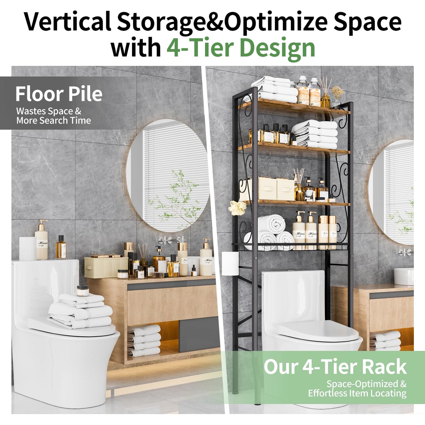 Over-The-Toilet Storage Rack 4-Tier,Bathroom Organizer Shelf Over Toilet,Adjustable Wooden Shelves and Basket,Freestanding Above Toilet Shelf,Space Saver for Rooms(Black Rack-Rustic Brown Shelves)