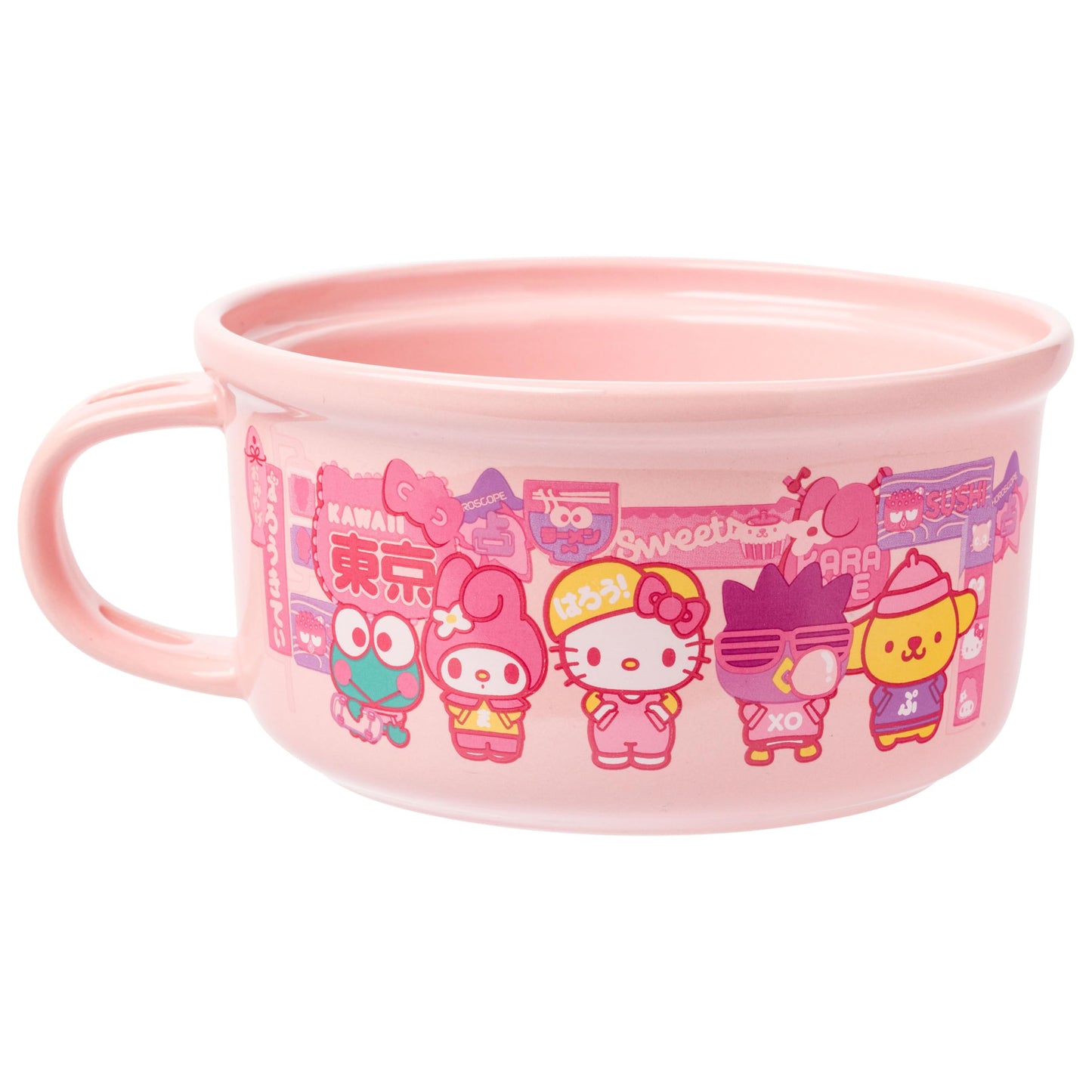 Silver Buffalo Sanrio Hello Kitty and Friends Featuring Keroppi, My Melody, Badtz-Maru, and Pompompurin Soup Mug and Bowl Lid with Spoon and Chopsticks, 13 Ounce Bowl Lid, 22 Ounce Soup Mug