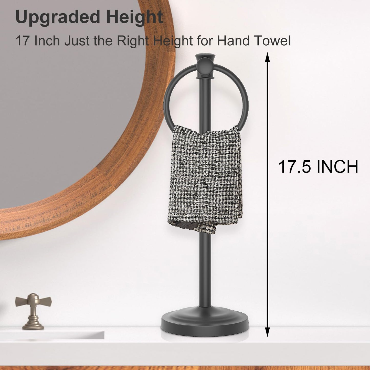 Hoimpro 17 Inch Stand Hand Towel Holder Towel Bar Towel Hanging Ring, Free Standing Floor Hand Towel Rack Storage for Bathroom Kitchen Vanity Countertops, Hardware Accessories(Matte Black)