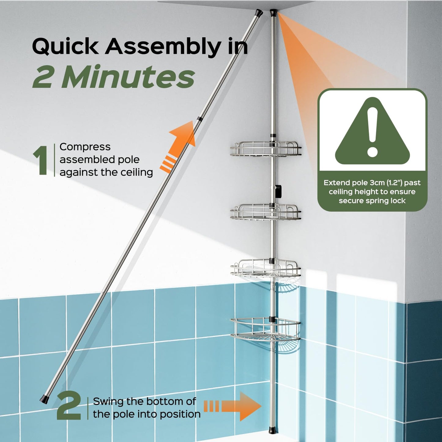 HAMITOR Shower Caddy Tension Pole: 4-Tier Rustproof Bathroom Corner Shelf Organizer for Renter - No Drill Large Shampoo Storage Rack - Adjustable 47-121" - Space Saving Bathtub Accessory - Silver Gray