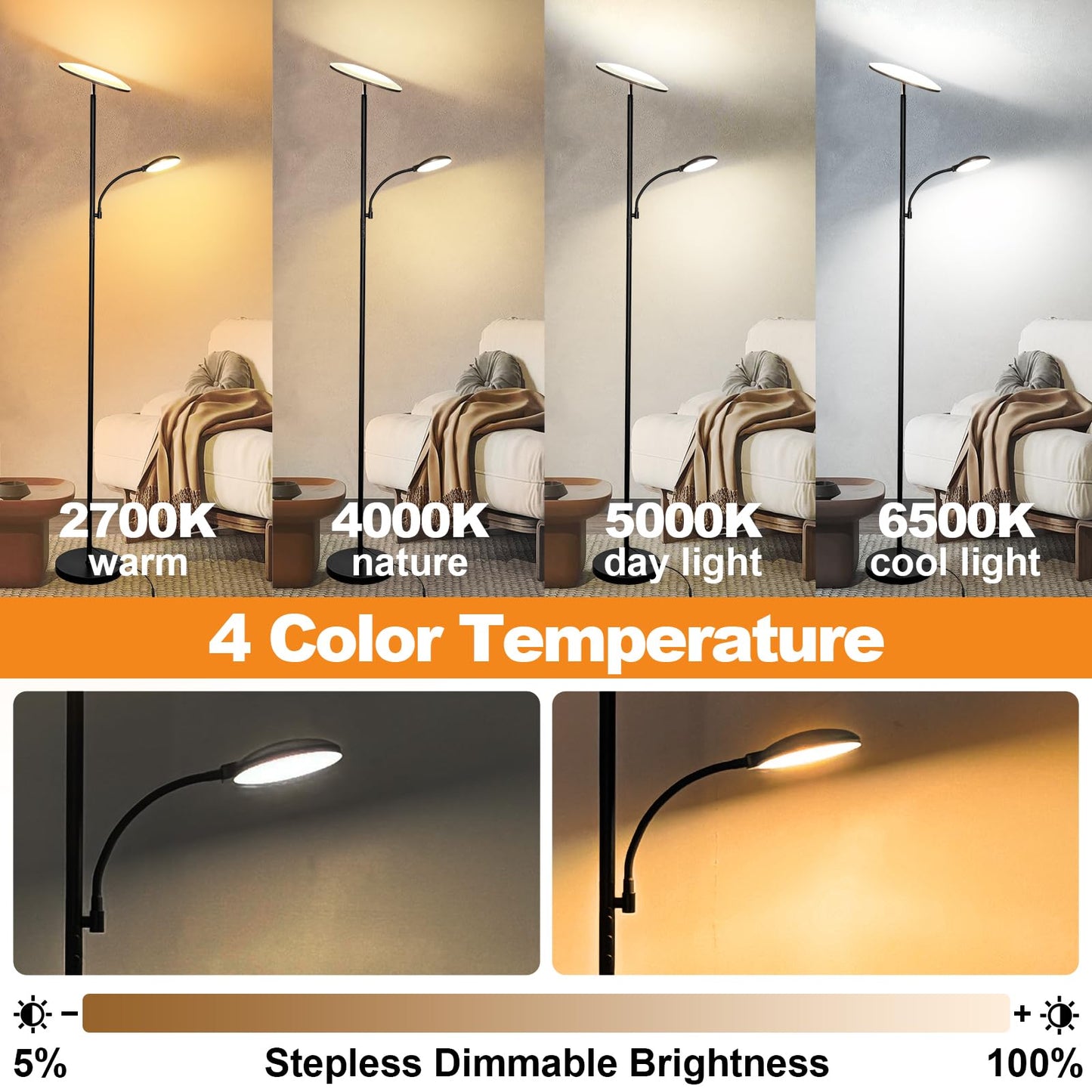 marctronic Floor Lamps for Living Room, 44W/4500LM Super Bright 2 in 1 LED Floor Lamp with Remote, Stepless Dimmable, 69" Tall Standing Floor Lamp with Bendable Reading Light for Bedroom Office