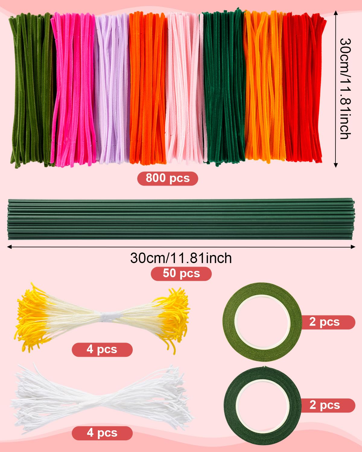 864PCS Pipe Cleaners Craft, Pipe Cleaners Flowers Kit with Handle, 13Colors Chenille Stems,Art and Craft Supplies