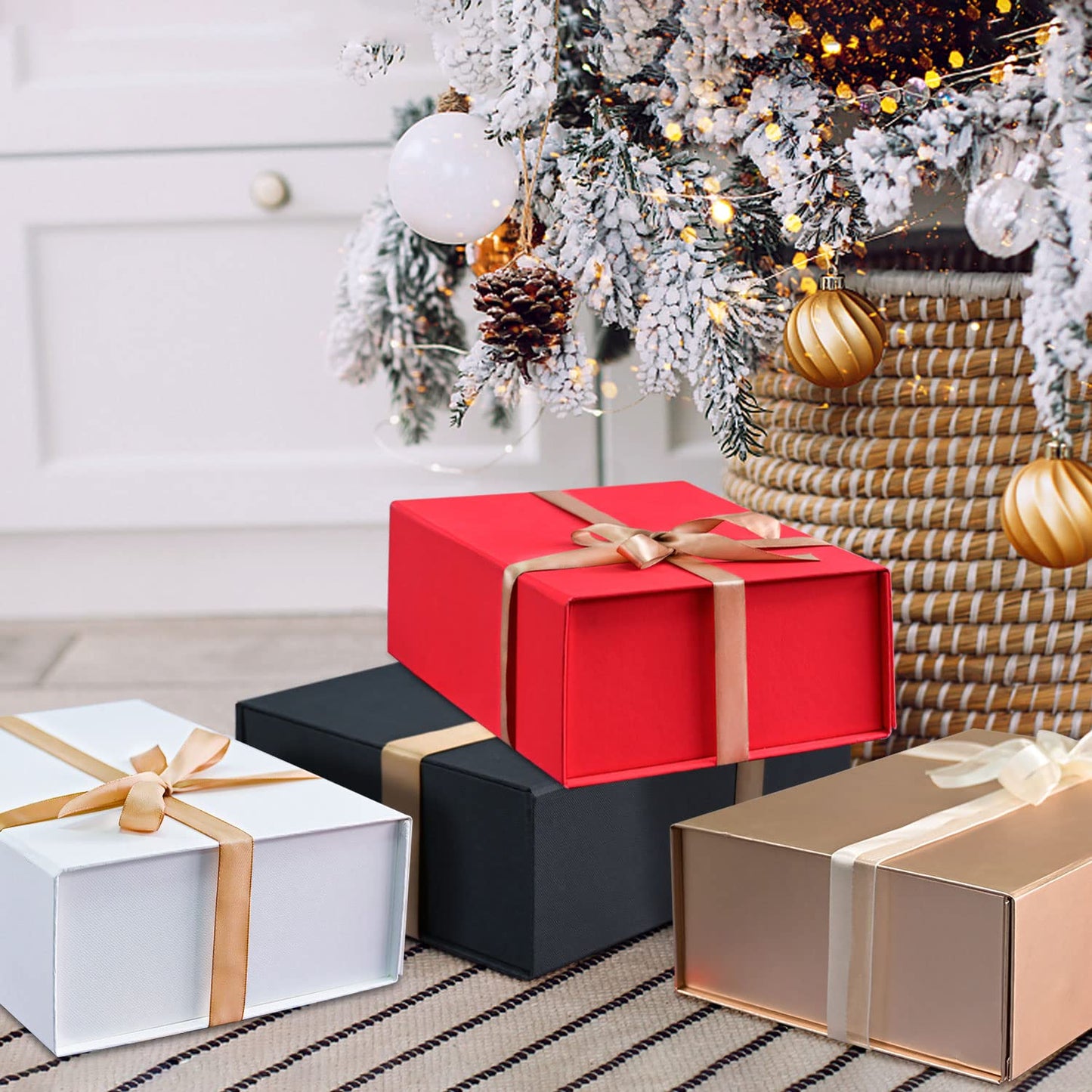 LIFELUM Christmas Gift Boxes with Lids for Presents 5 Pack White Gift Boxes 13.85 x 8.35 x 4.45 inch Large Gift Box Contains Card,Sticker,Ribbon, Shredded Paper Filler for Anniversary, Weeding Gifts