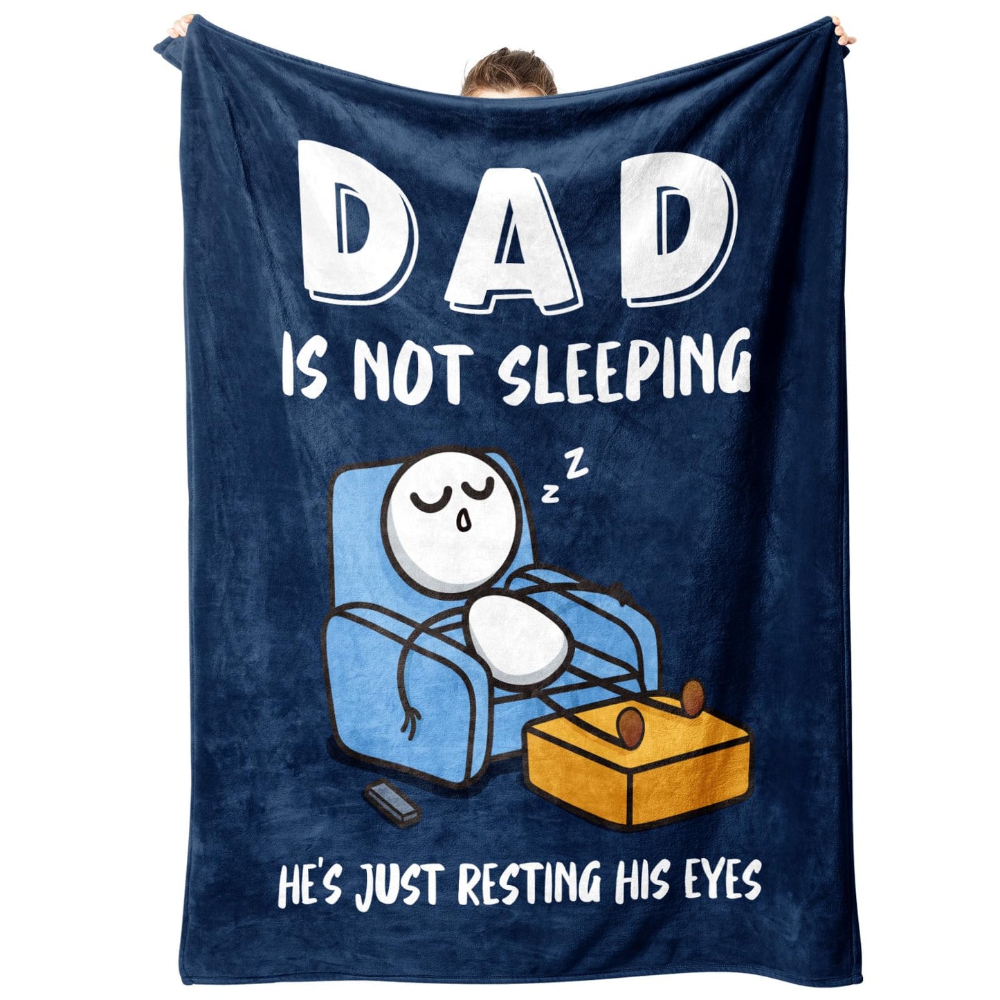 GoMelley Funny Fathers Day Birthday Gift for Dad Husband, Dad is Not Sleeping Blanket, Dads Gifts from Daughter Son, Super Soft Throws Blanket for Couch and Napping, 60" x 80" (Blue)