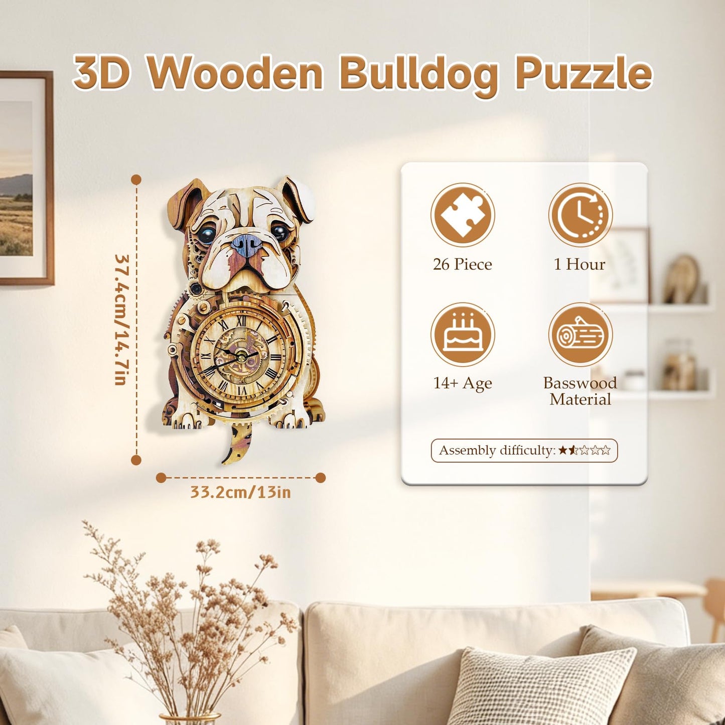 Kosmickiss Wooden Models for Adults to Build-Bulldog Clock with Swinging-3D Wooden Puzzles for Adults-Dog Mom Gifts for Women-DIY Clock Kit