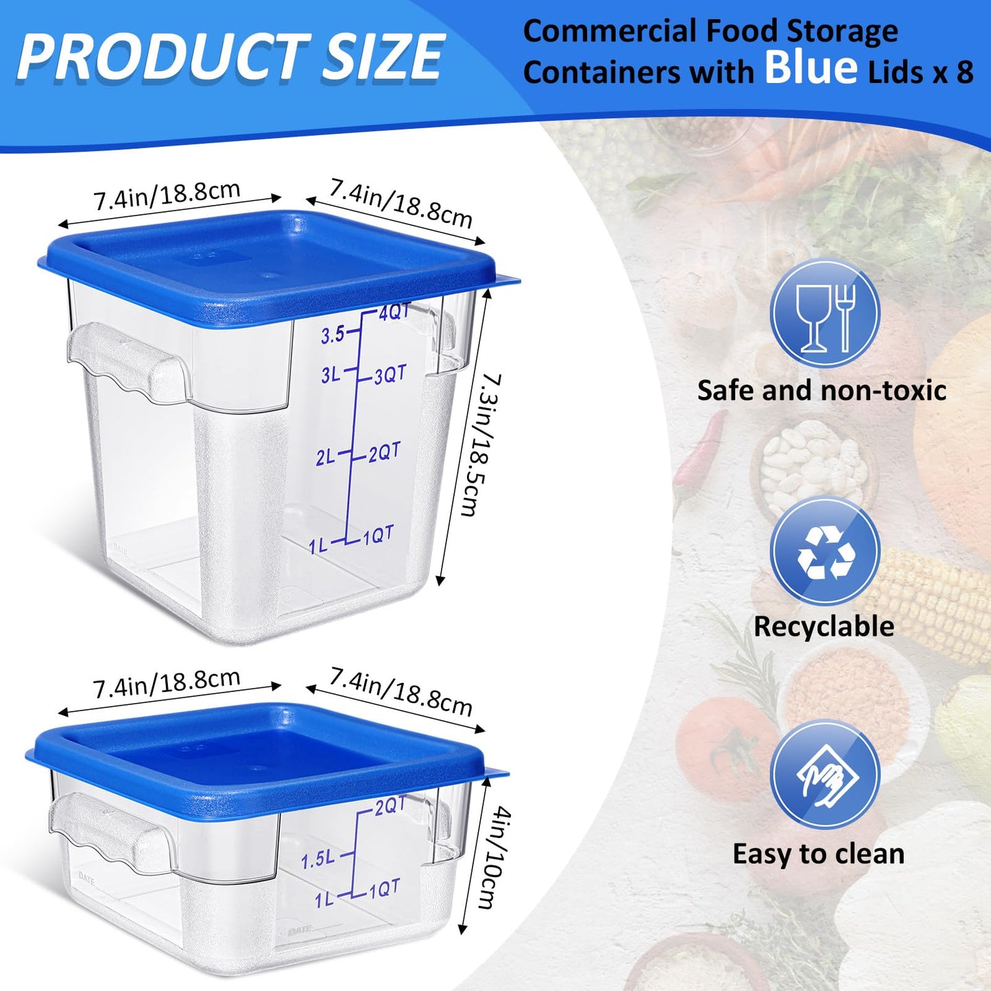 Yungyan 8 Pcs Restaurant Food Storage Containers with Lids Set 2Qt and 4Qt Commercial Restaurant Square Storage Containers Clear Food Cereal Container for Kitchen Freezer (Blue Lids)