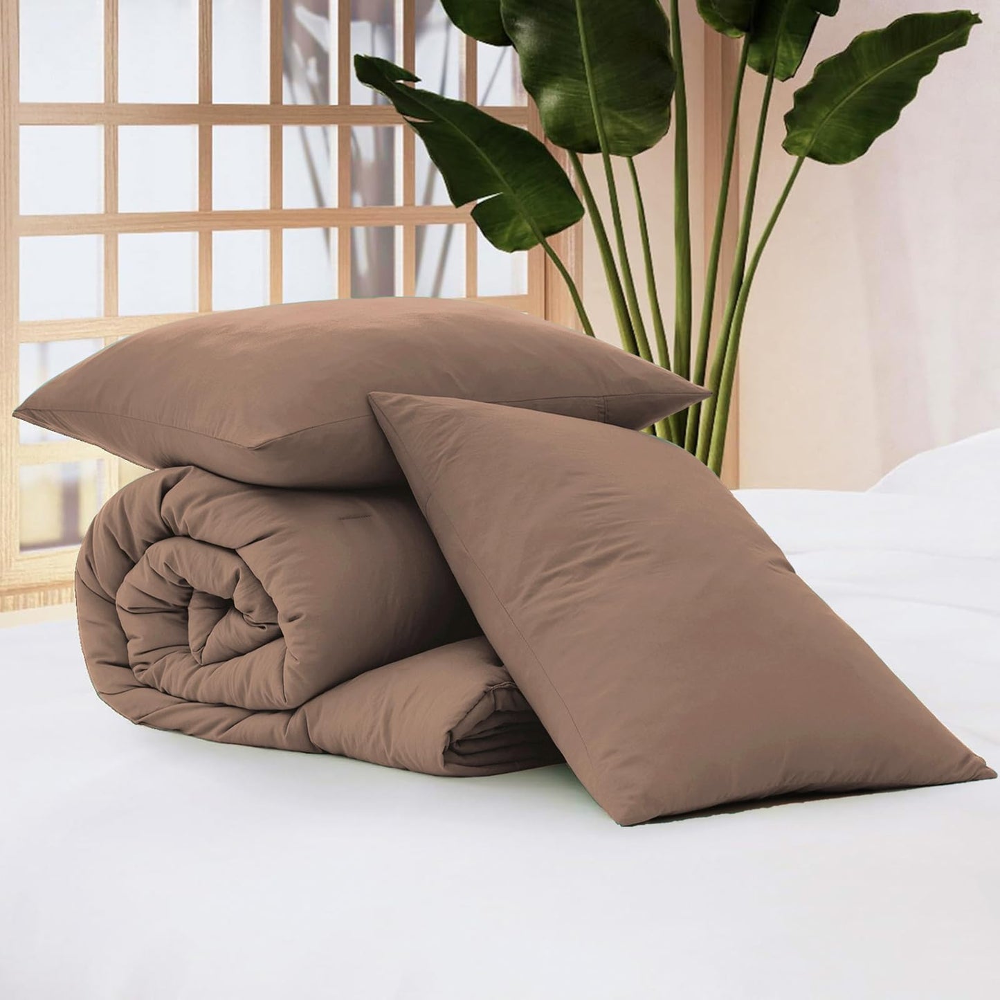 WRENSONGE Queen Comforter Set - 3 Pieces Prewashed Brown Comforter Soft Lightweight for All Seasons,Down Alternative Comforters Queen Size with 2 Pillow Shams