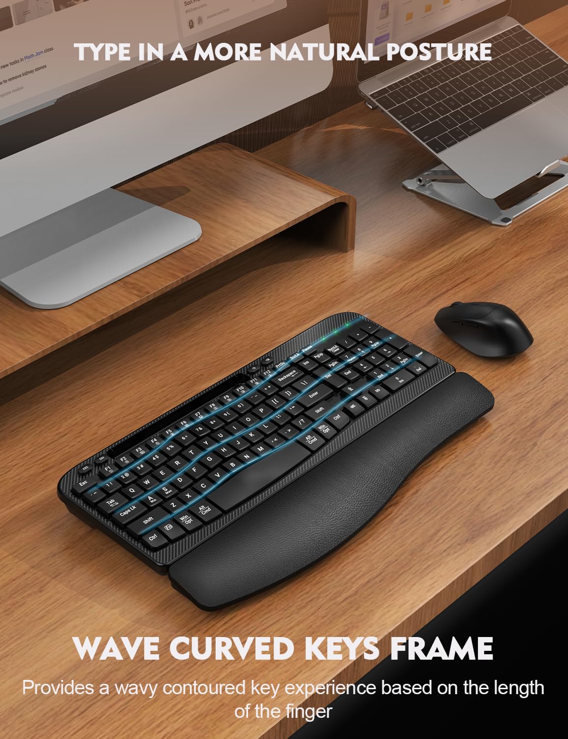 Wireless Keyboard and Mouse Combo, EAYBLLY Wave Keys Wireless Ergonomic Keyboard with Cushioned Wrist Rest, Phone Holder, 2.4GHz Silent Cordless Keyboard Mouse Set for Computer, Laptop, PC, Windows