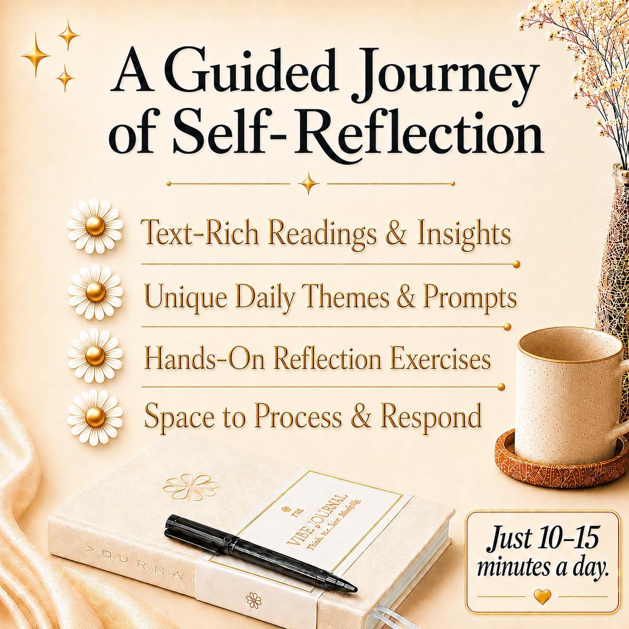 Journal & Pen Set for Women | Guided Mindfulness Journal with Elegant Brass Pen | 13-Week Personal Growth Journey with Short Readings, Daily Prompts & Reflection Exercises | A5 Vegan Leather | Gift Box | Her Vibe