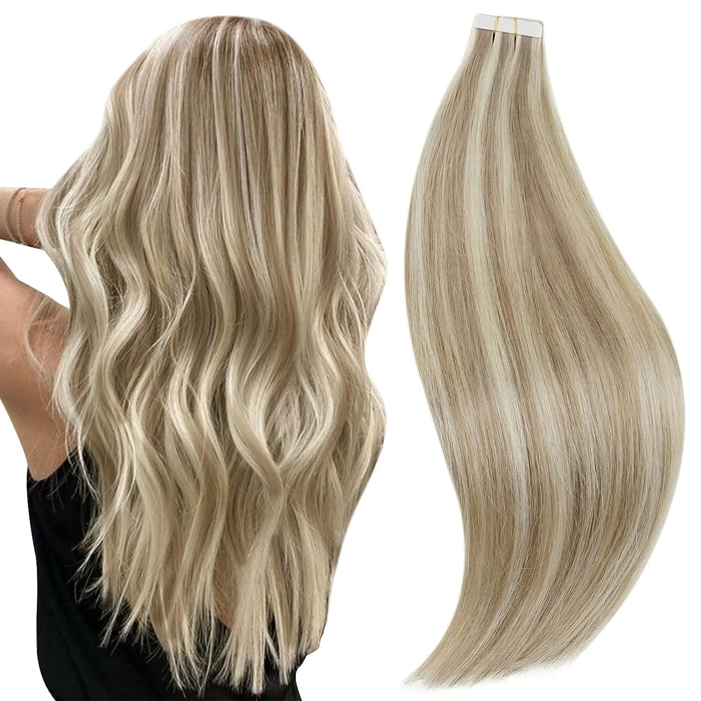 RUNATURE Blonde Tape in Hair Extensions Human Hair 18 Inch Long Tape in Human Hair Extensions Ash Brown Highlight Platinum Blonde Straight Human Hair Tape on Extensions Silky Double Sided 50g 20pcs