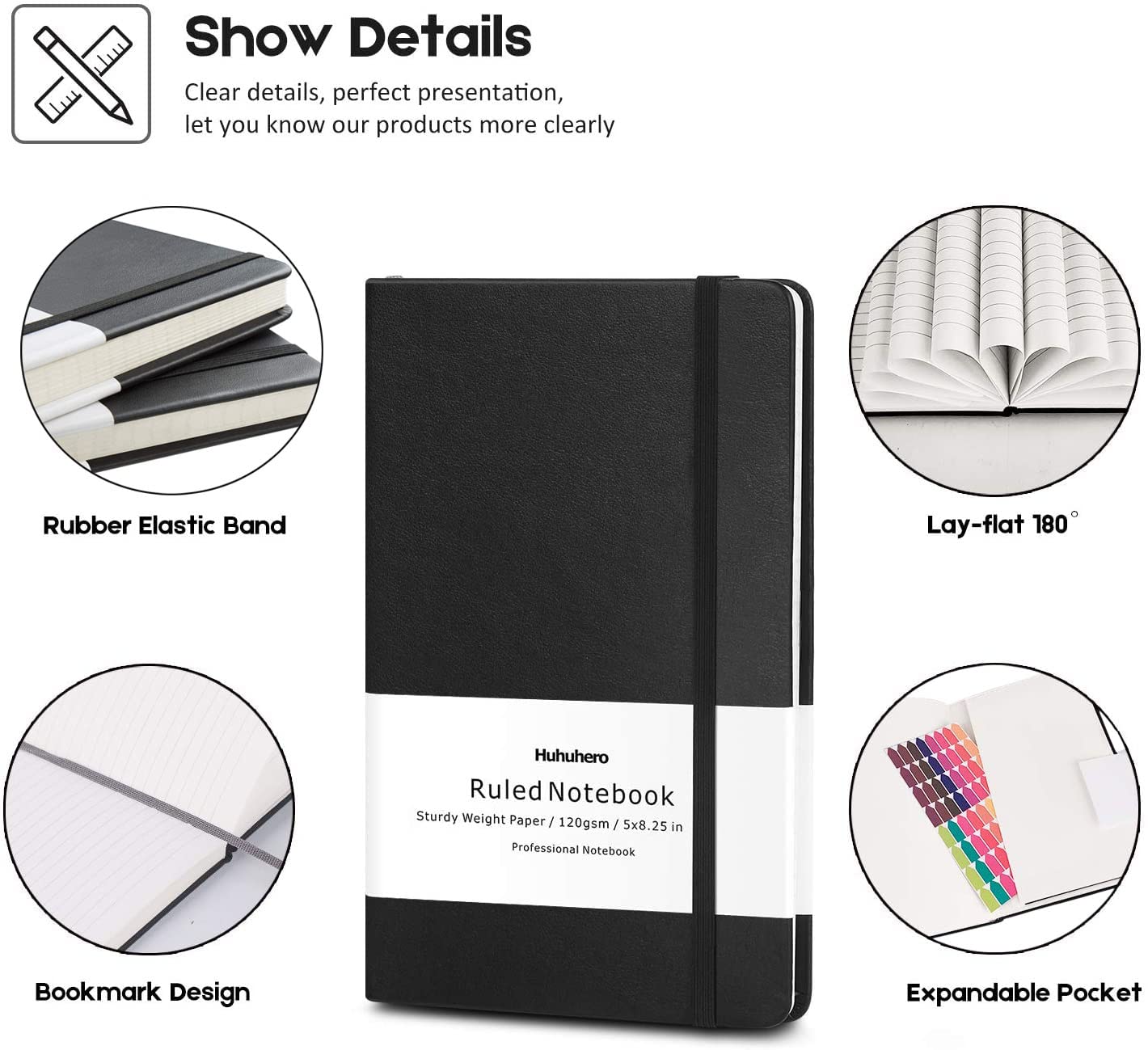 Huhuhero 10 Pack Lined Journal Notebook, A5 College Ruled Writing Journals, Hardcover Journaling Notebooks for Work Note Taking School Office Home, 5"×8.25" (10, Black)