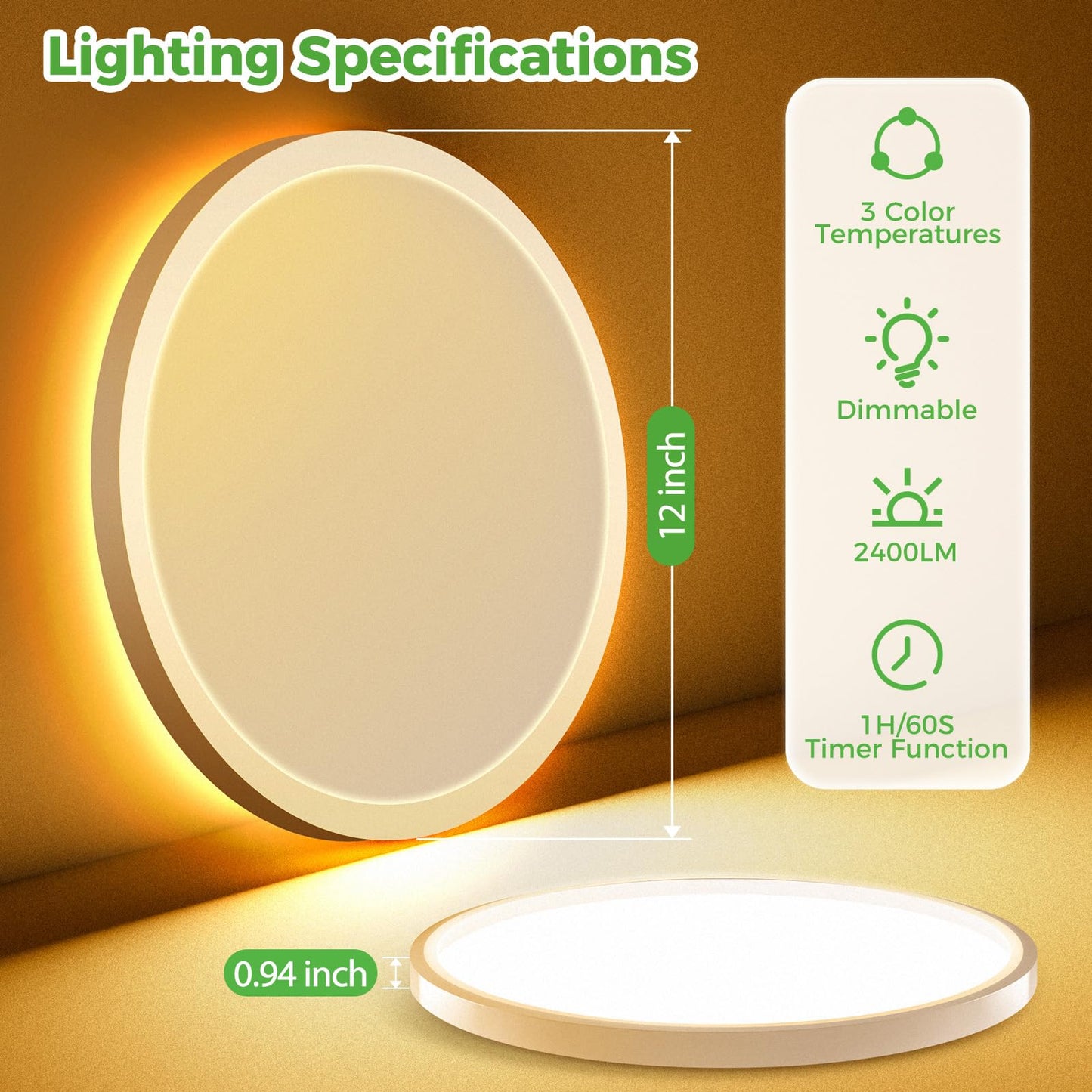 zemty 12 Inch LED Ceiling Light with Night Light 1800K, 4 Pack 3000K/4000K/6500K Dimmable Light Fixtures with Remote Control, Low Profile Lighting for Bedroom Living Room Kitchen-White