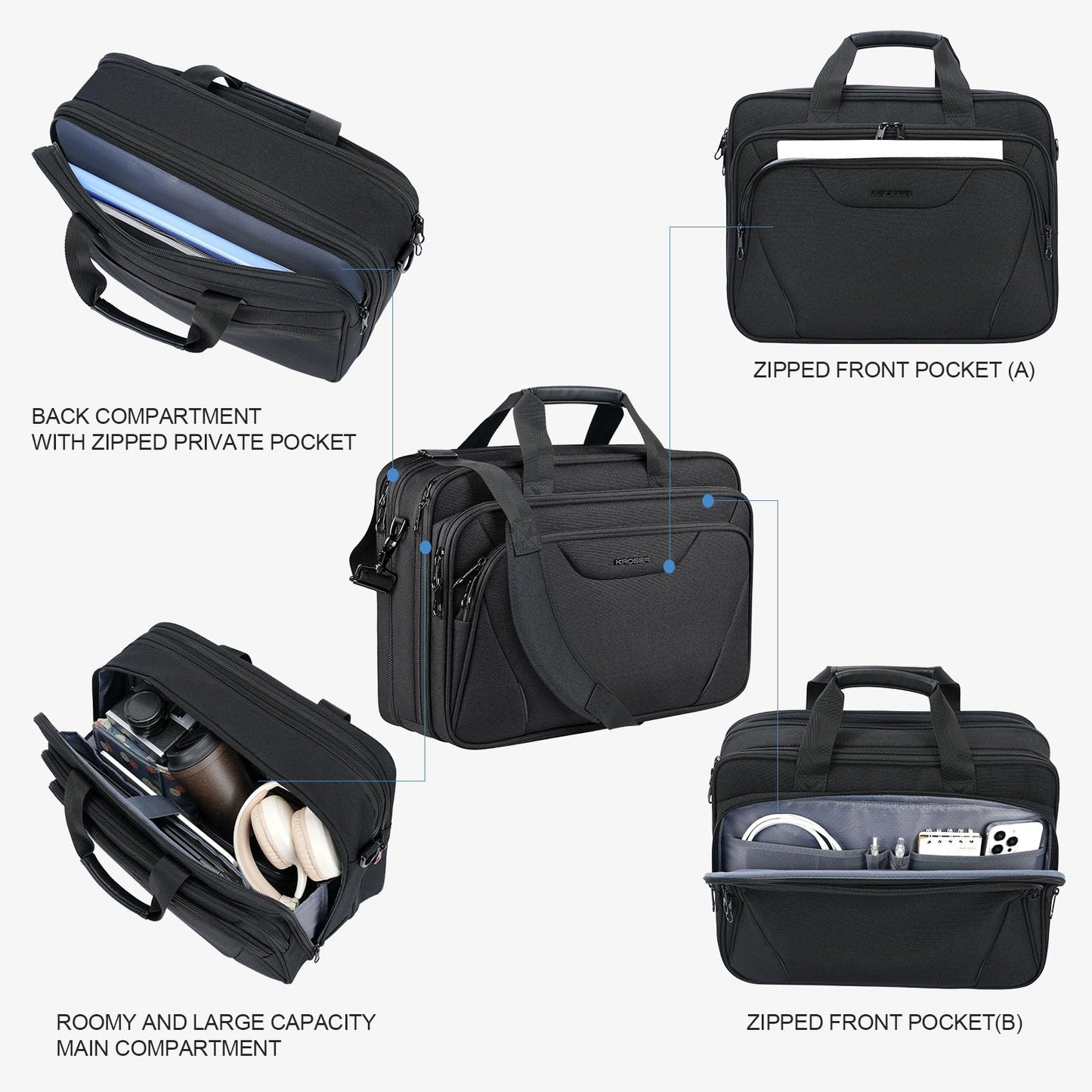KROSER Laptop Bag Premium Laptop Briefcase Fits Up to 17.3 Inch Laptop Expandable Water-Repellent Shoulder Messenger Bag Computer Bag for Travel/Business/Men/Women-Black