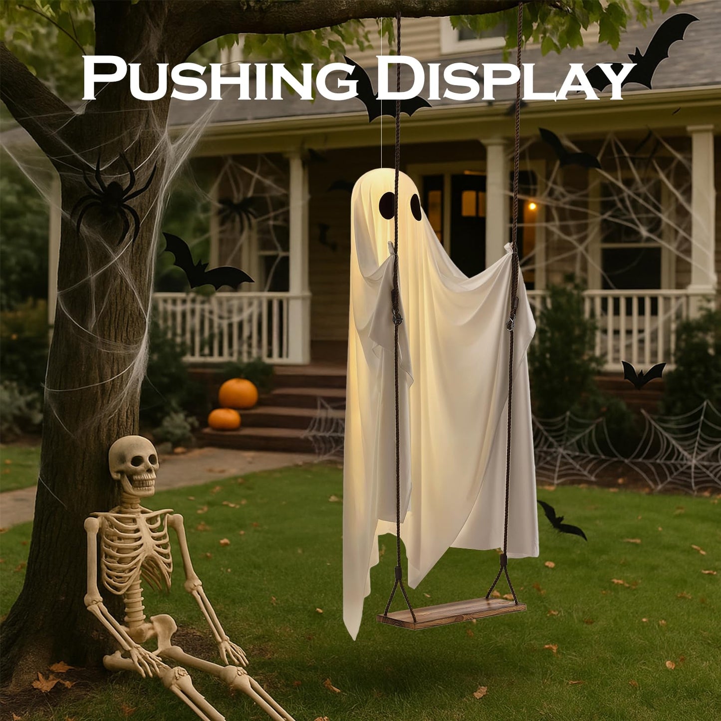 HKBAYI Halloween Decorations Outdoor - 5FT Large Hanging Ghost Swing with Remote Control String Lights & Upgraded Sheet, Scary Ghost Halloween Party Decor Outside for Tree Porch Yard Garden Lawn