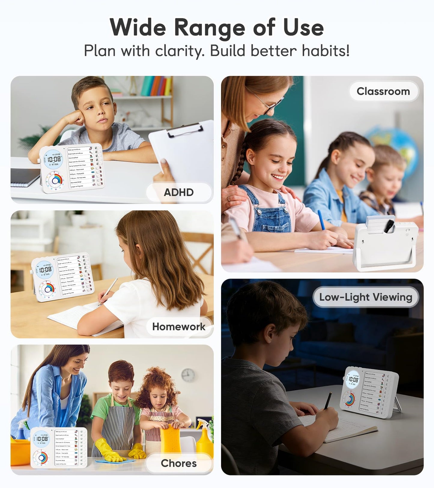 3-in-1 Visual Timer & ADHD Tool for Kids – ADHD Task Timer for Adults with Visual Schedule, Chore Chart & Planning Board for Home, School, Classroom, Work (White)