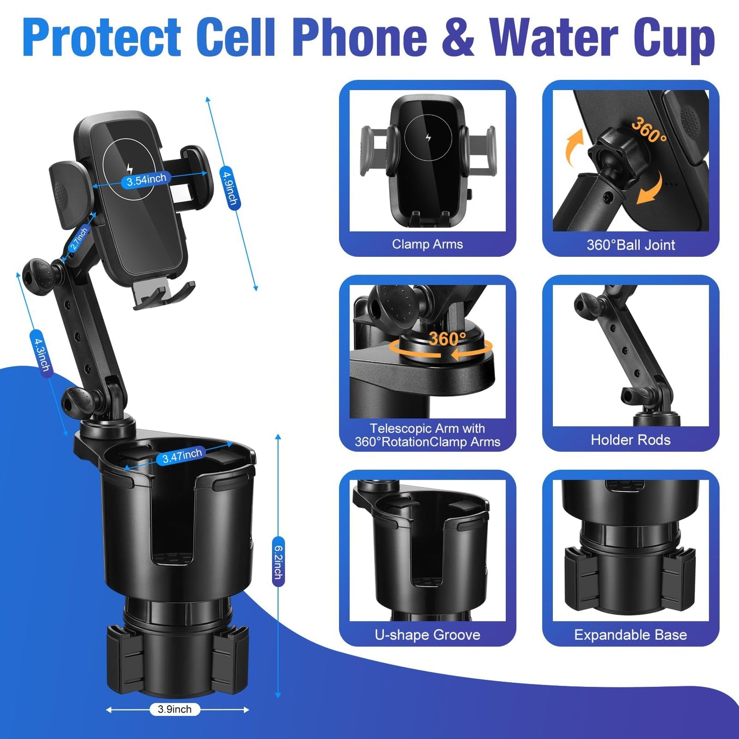 This Hill 3-in-1 Car Wireless Charger Cup Holder, Upgrade 15W Charging, Car Cup Holder Phone Mount with Adjustable Base & 360° Rotation Compatible for All Smartphones(with Car Adapter)