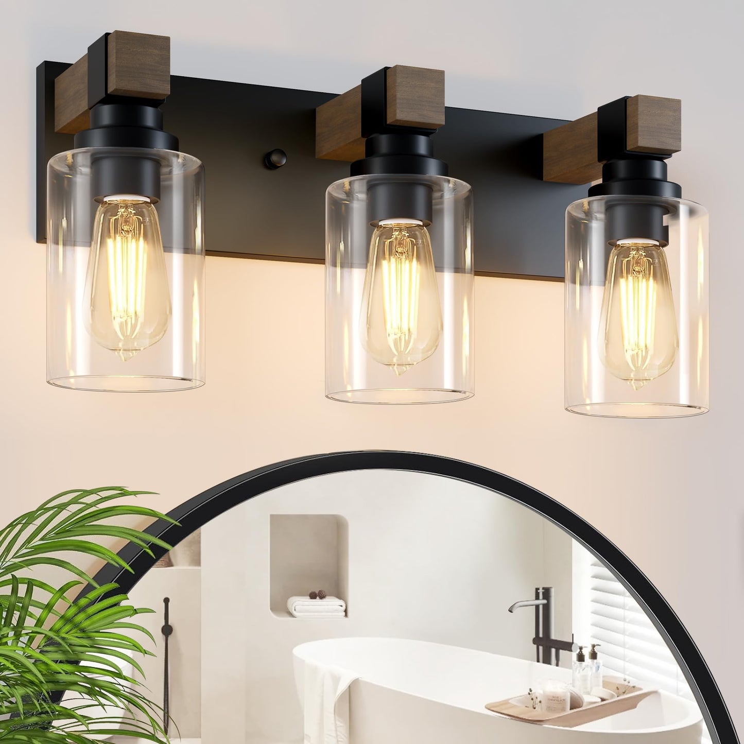 Farmhouse Bathroom Vanity Light Fixtures, Rustic 3-Light Wood Vanity Lights for Bathroom, Vintage Black Wall Sconces Lighting, Light fixtures Over Mirror, with Glass Shade