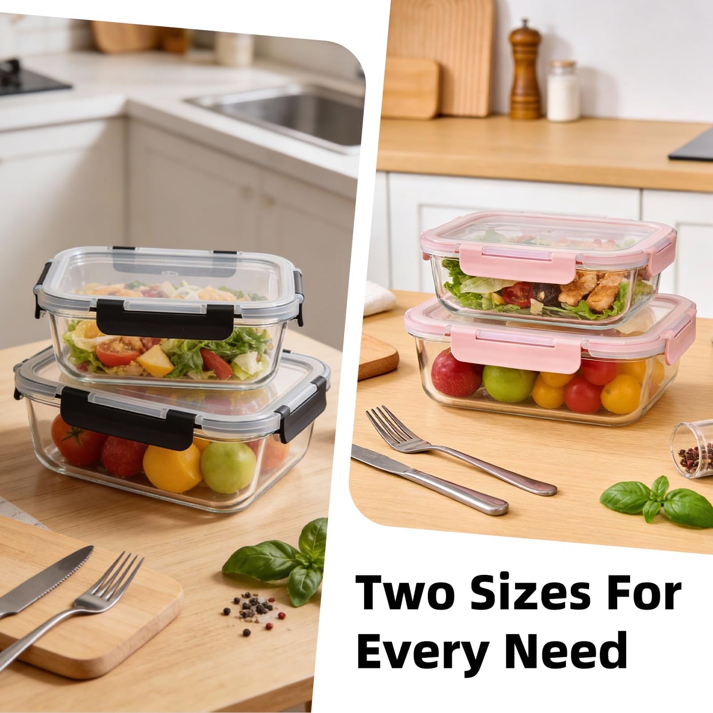 Konokyo Rectangular Glass Food Storage Containers with Lids, 12 Pack Airtight Leakproof Meal Prep Containers, BPA-Free, Microwave Oven Freezer & Dishwasher Safe, Assorted Sizes