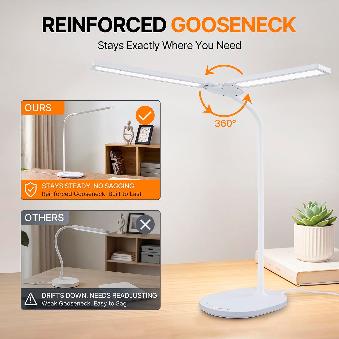 G Keni LED Desk Lamp, 2400 Lux Bright Desk Lamp for Home Office, Dual Head Adjustable Desk Lamp with 5 Color Modes, Stepless Dimming, 360° Gooseneck, Auto Timer, Eye Caring Task Light