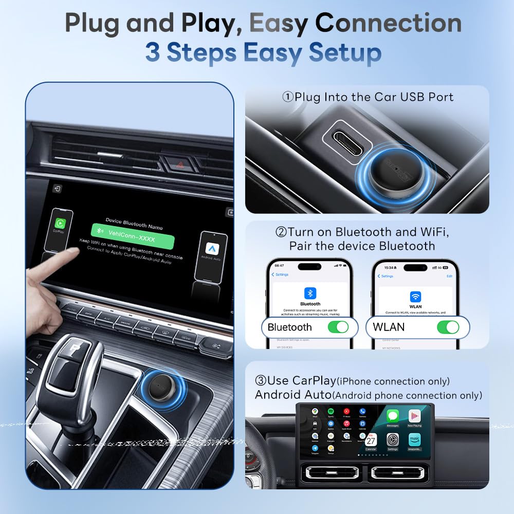 Carlinkit Wireless CarPlay Adapter & Android Auto Mini Ultra3, 2-in-1 Mini USB Desgin with OEM Car Models, Plug and Play/Low Latency Portable/Auto Connect, Compatible with iOS 10+ & Android 11+