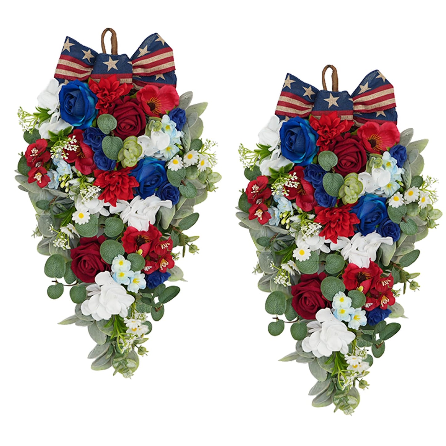 Idyllic 2 Pcs Red White and Blue Floral Swag with Roses, Hydrangea & Daisies | Patriotic Hanging Door Decor for 4th of July Memorial Day Front Door