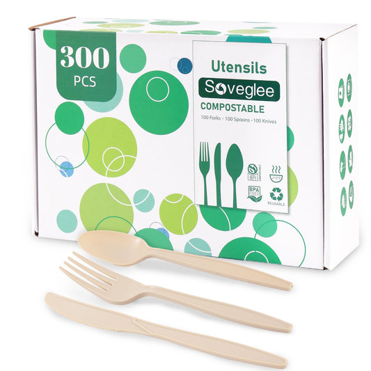 100% Compostable Silverware, Light Brown Plastic Silverware 100 Forks 100 Spoons 100 Knives, Compostable Utensils, No Plastic Utensil, Eco Friendly Disposable Cutlery for Party Office Wedding