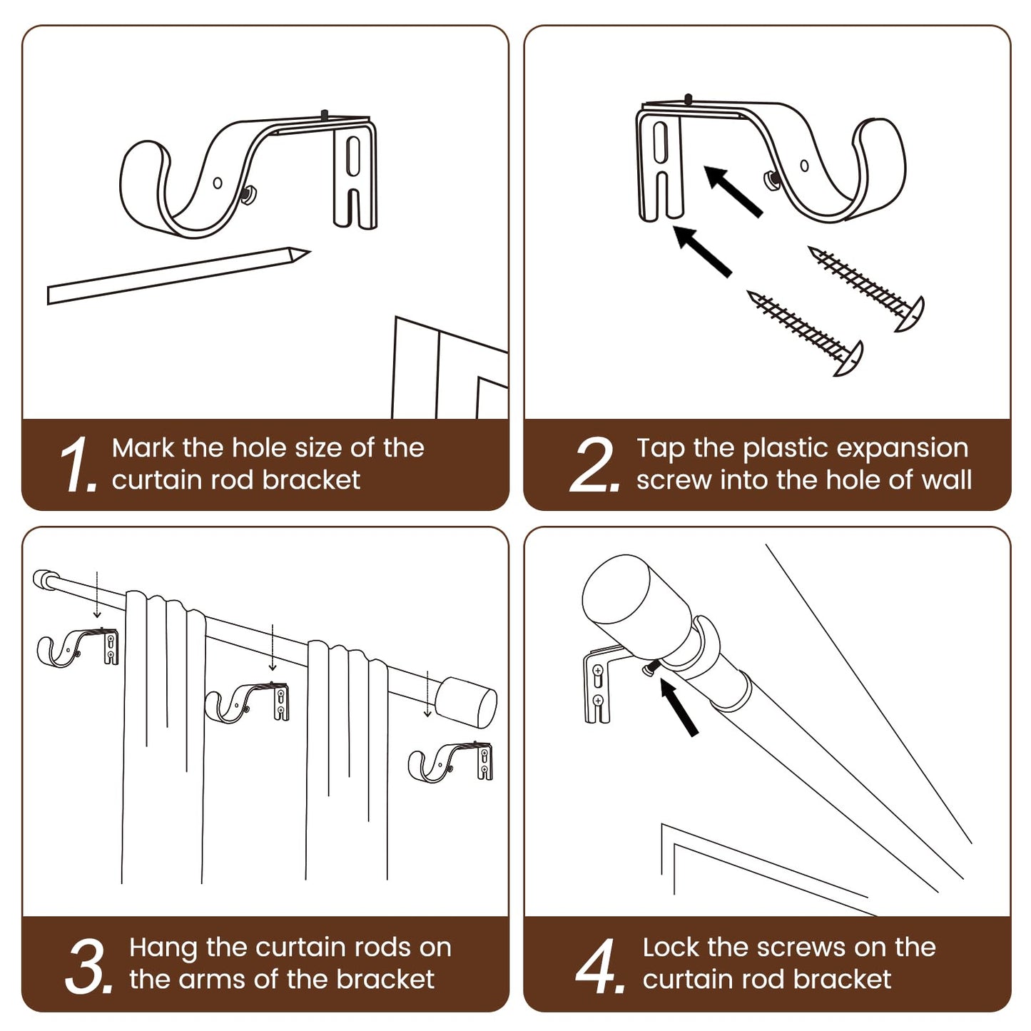 2 PACK 1” Diameter brown curtain rod Itself is 30 to 144 inch. 1 Pack Fits 30-142 inch, 66 to 120 inch Windows with Heavy Duty Adjustable brown curtain rods Splicing Metal Extra Long Curtain Rod