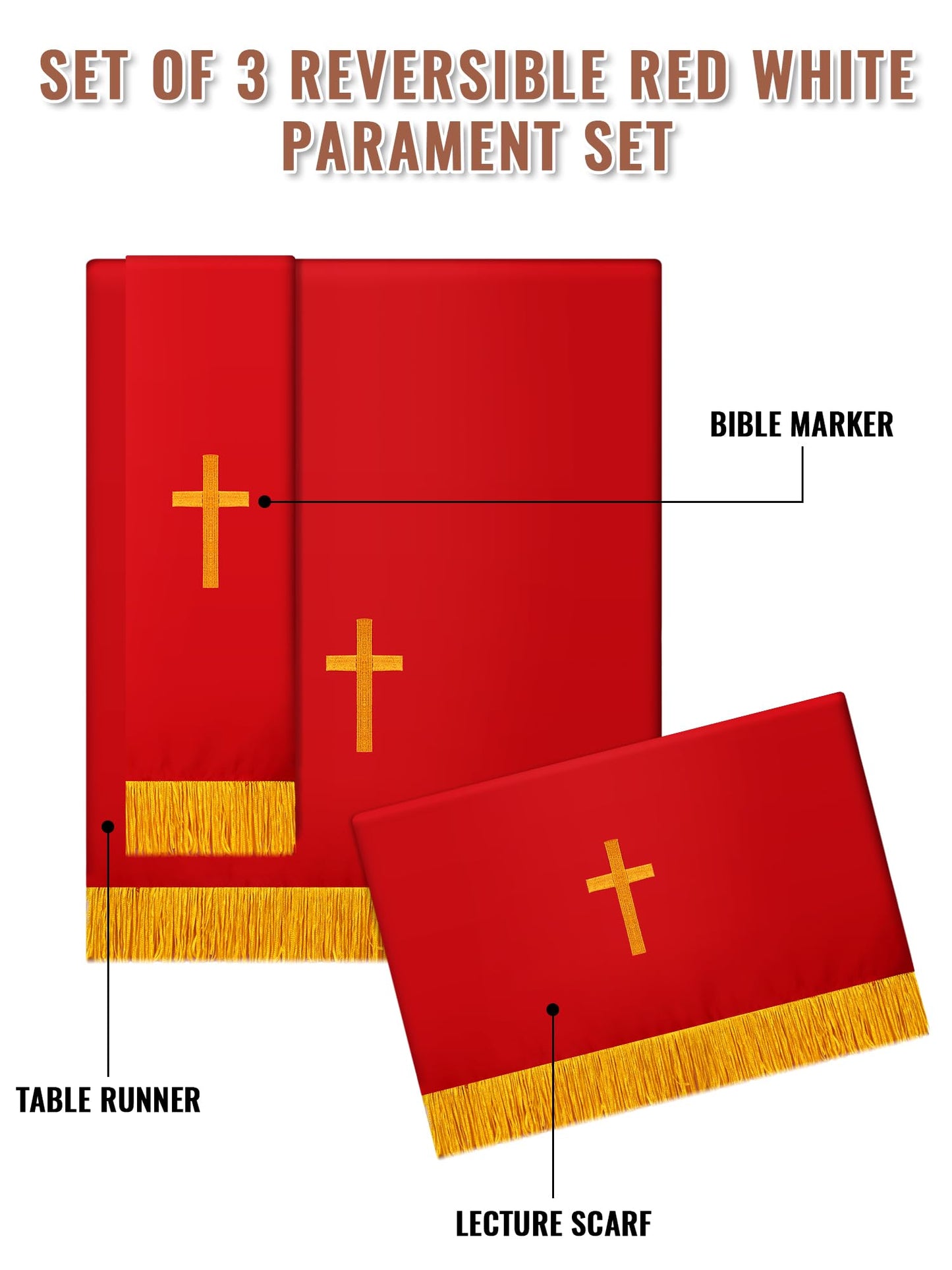 Cutecrop Set of 3 Reversible Parament Set Clergy Table Runner Bookmark Pulpit Scarf with Gold Cross Church Pulpit Accessories (Red and White)