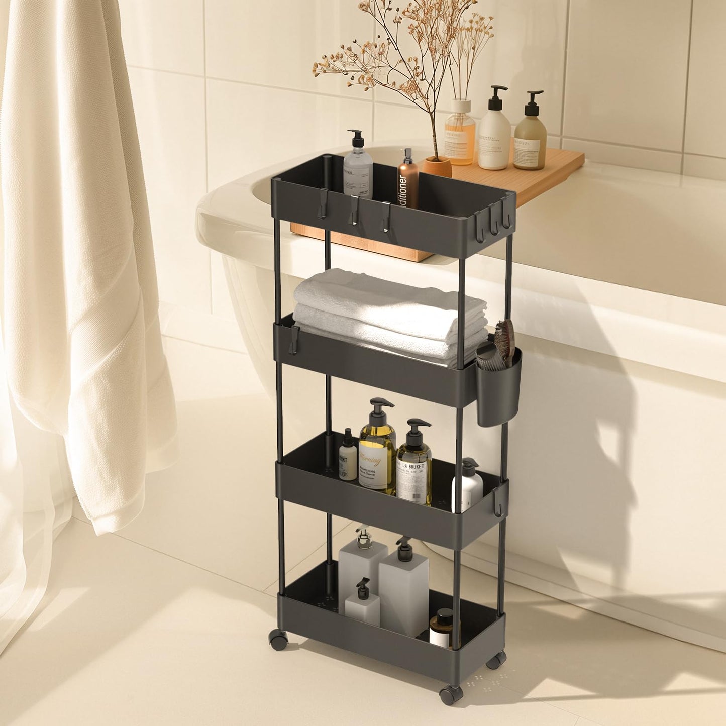 Pipishell Slim Storage Cart with Wheels - Bathroom Cart Organizer Storage, 4Tier Rolling Carts for Bathroom, Laundry Room, Kitchen, Narrow Space, Black PIUC05