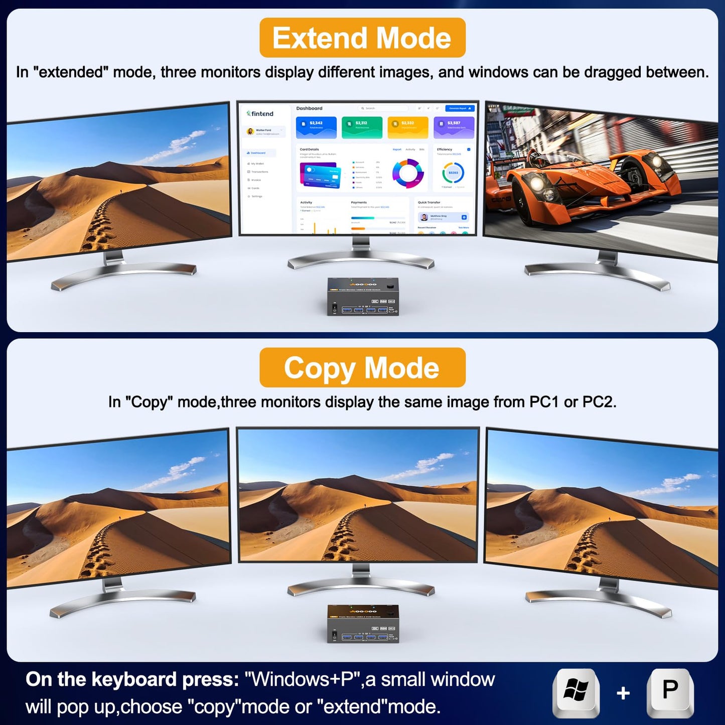 8K@60Hz HDMI2.1 Displayport KVM Switch 3 Monitors 2 Computers 4K@144Hz Triple Monitor KVM Switches with USB 3.0 Port,Wired Remote,Power Adapter and USB3.0 Cables(12cm 2 PC 3 Monitor 8K KVM)