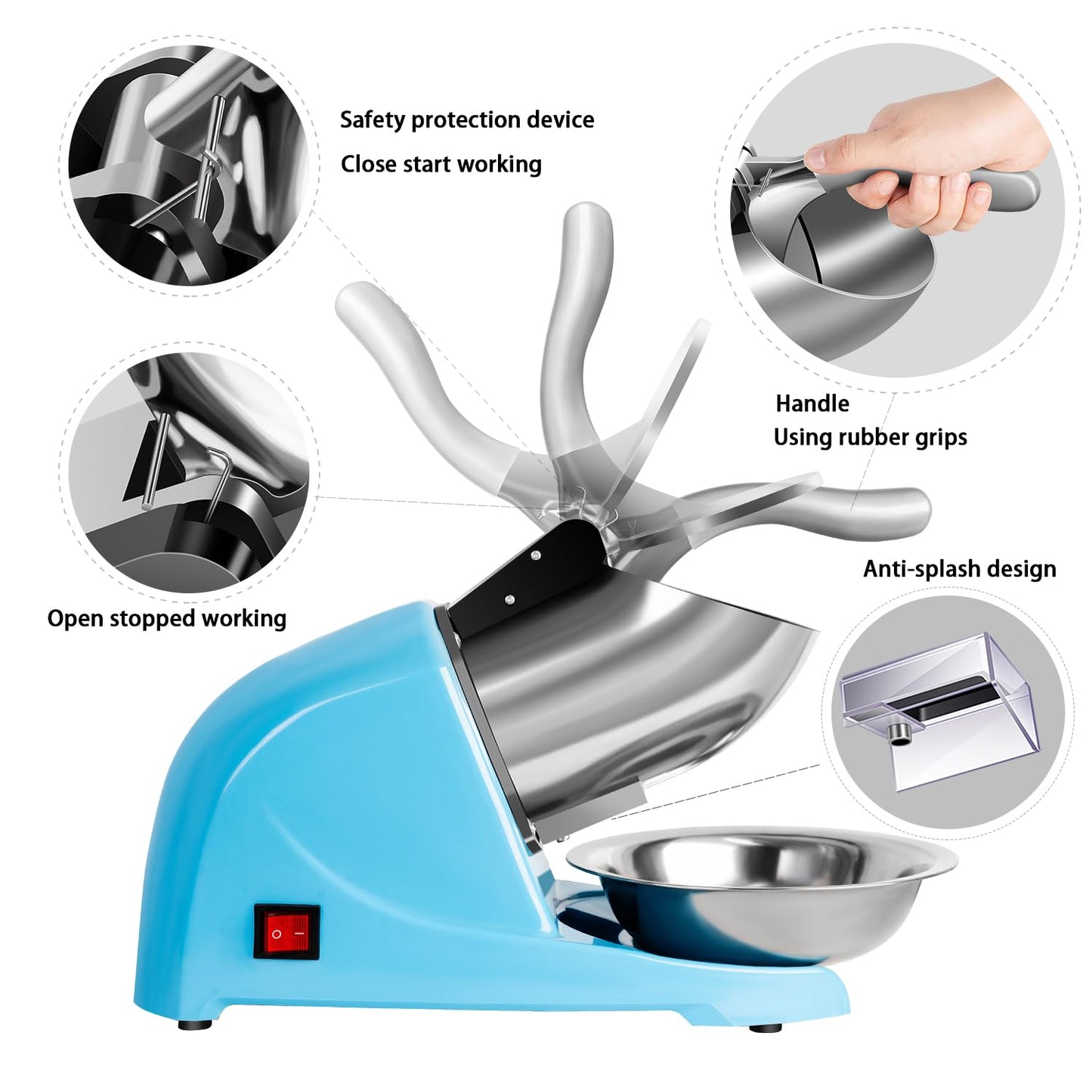 INSELY 4-Blades Electric Ice Shaver Machine, 200lbs/hr Ice Crusher with Ice Tray for Home and Commercial Use (Blue)