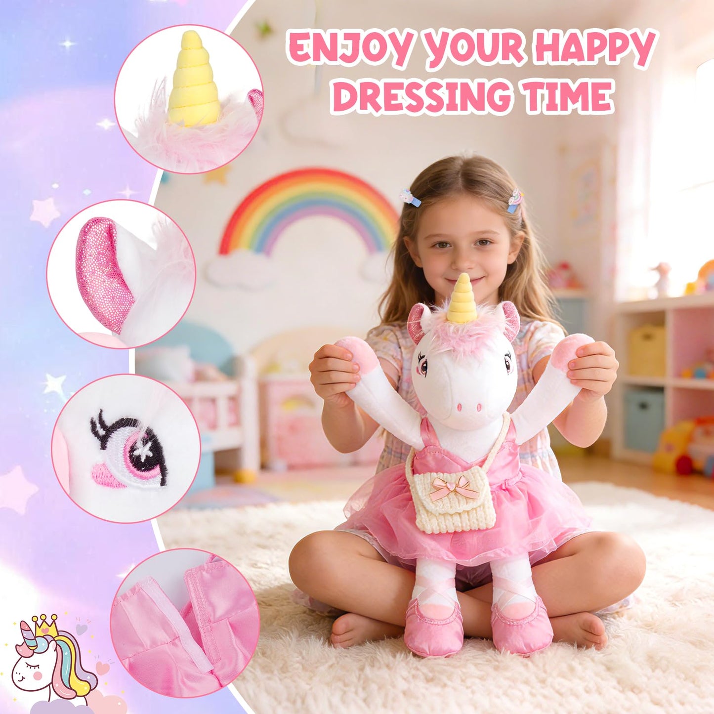 ZeffuLyne Unicorn Stuffed Animals, 11PCS Unicorns Toys for Girls Age 4-6 Ballerina Doll Stuffed Animal Toy with 2 Set Ballerina Dresses, Shoes, Bags & Hair Clips, Birthday Gifts for Girls Age 4-8