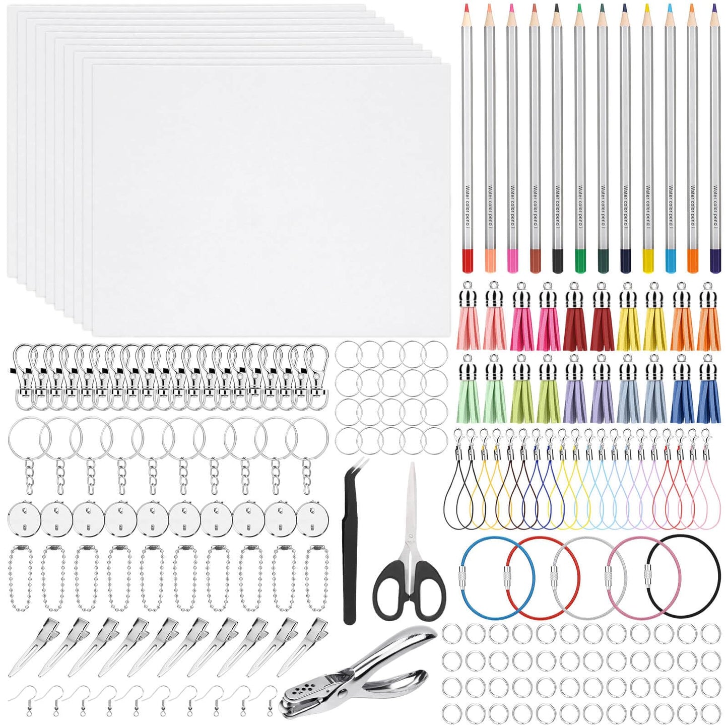 shynek 300 Pieces Shrinky Plastic Sheets Keychain kit, Including Shrinky Paper, Colored Pencils, Tassels, Keychains, Hair Clips, Hole Punch for Creative Crafts