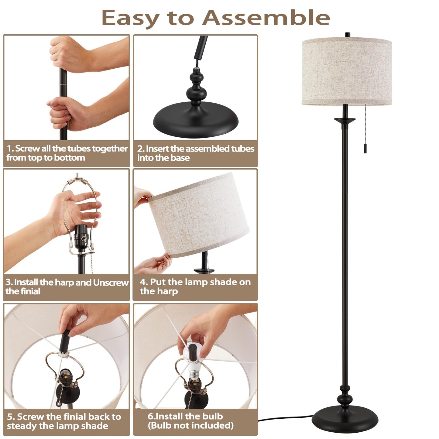 Luvkczc Black Floor Lamp, 60" Standing Lamp Tall Lamp with Fabric Lampshade&Pull Chain Corner Floor Lamps for Living Room, Bedroom & Office Bulbs Not Included