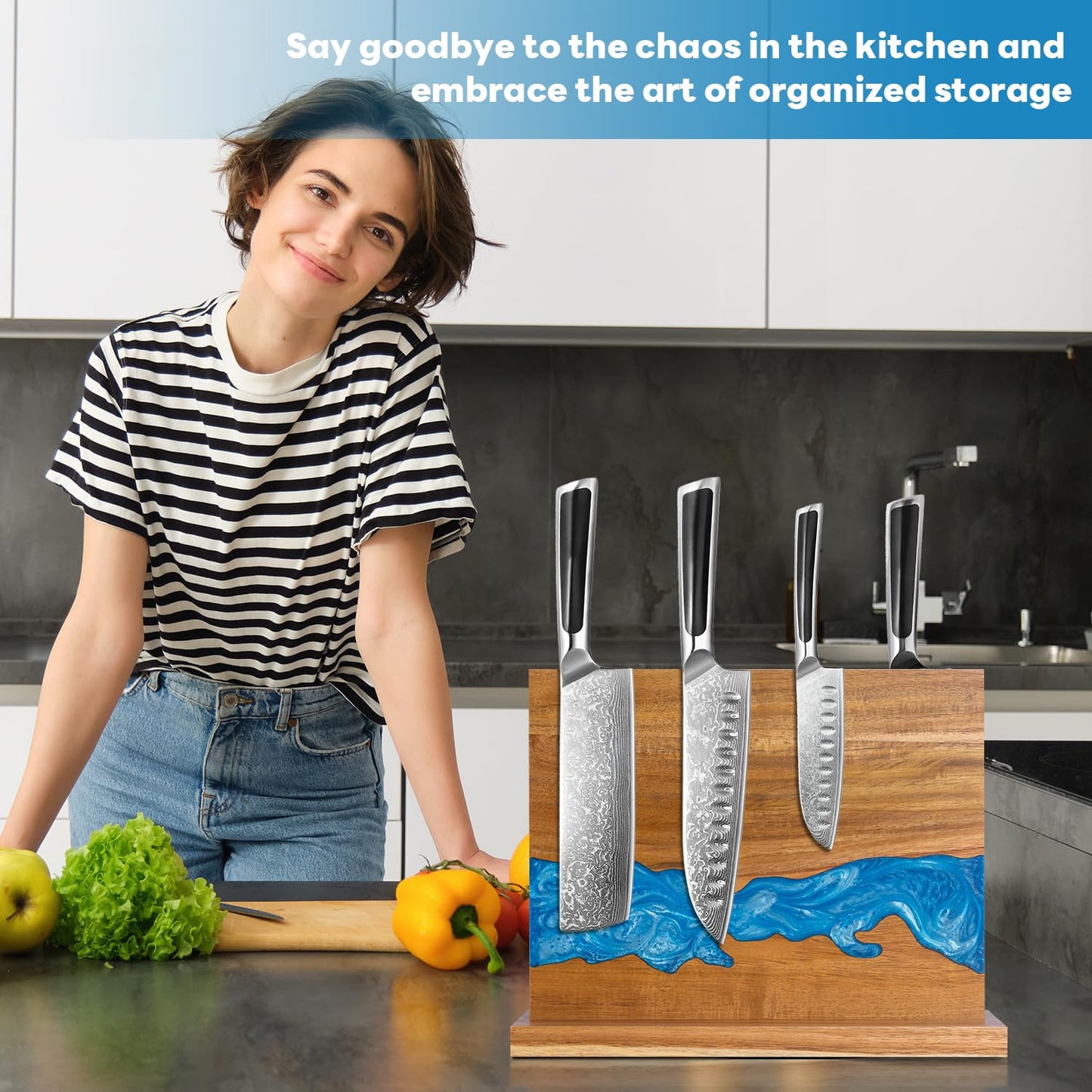 minyuexia magnetic knife holder - Acacia wood Magnetic Knife Block, Magnetic Knife Storage with double-sided magnetic, blue resin river, 12.59 × 9.84 inches (Without knife)