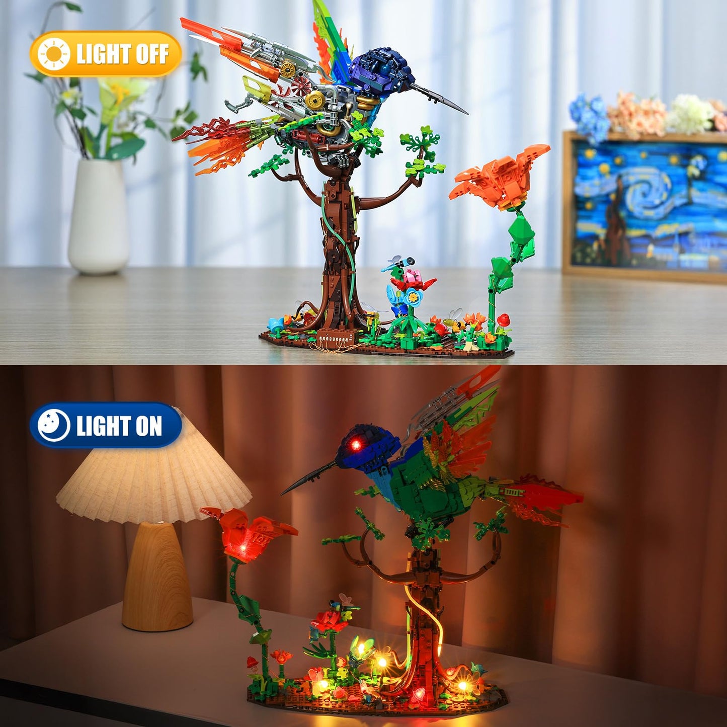 JMBricklayer Mechanical Hummingbird Building Set with LED Light, Bird Model Sets for Adults, Flower Animal Collection Toy, Art Creative Gifts, Home & Office Décor, Ideas for Women & Men Kids 14+