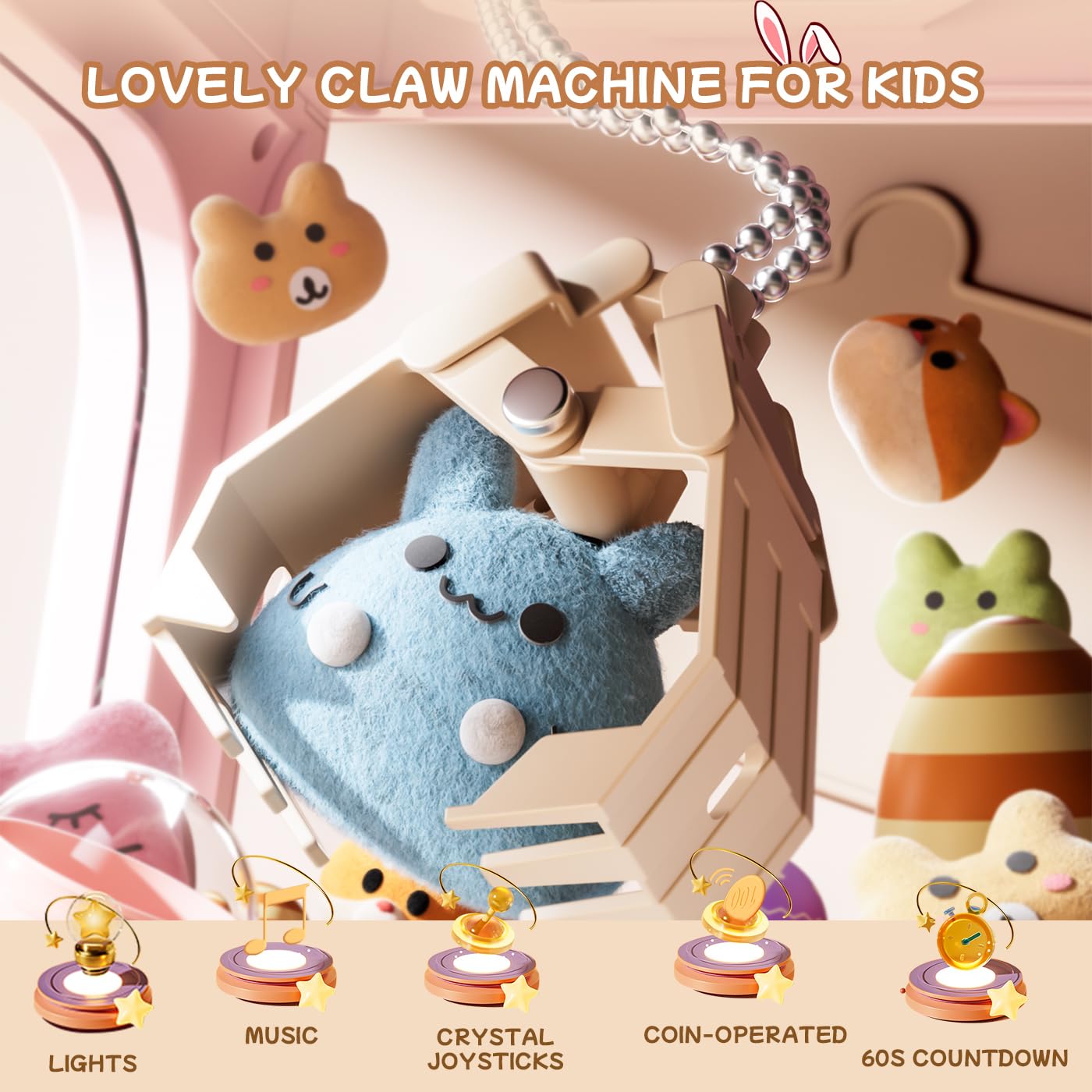 Vanvimen 64 PCS Bunny Claw Machine for Kids Girls,Vending Machine Toys with Sound Lights,Candy and Prize Electronic Dispenser Game Ages 3-4 4-8,Easter Birthday Party Gift for 3 4 5 6 Year Old Girls