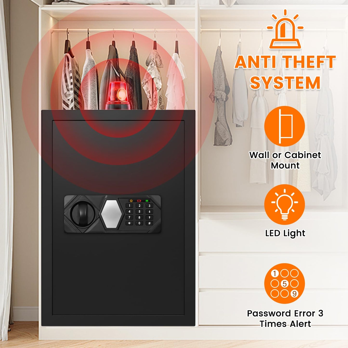 3.8 Cub Large Fireproof Safe for Home Use, Digital Home Safes Water and Fireproof with Backup Keys and Alarm System, Anti-Theft Fire Proof Safe Box for Home Office