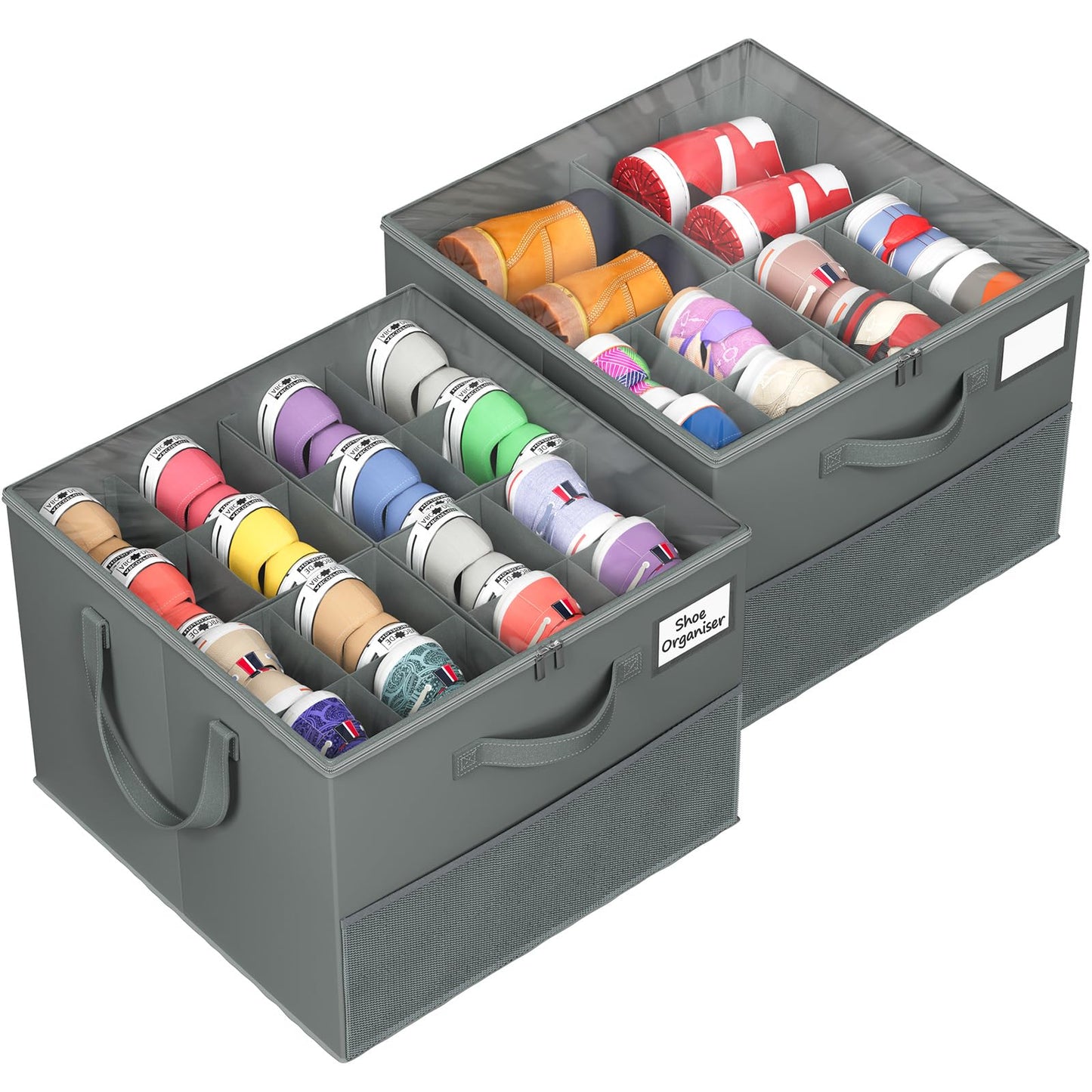 NestOrganix 2 Pack Shoe Organizer for Closet, Large Shoe Box Storage Containers, Foldable Shoe Storage Organizer Box Bin with Adjustable Dividers and Clear Cover, Space Saving Shoes Holder, Gray