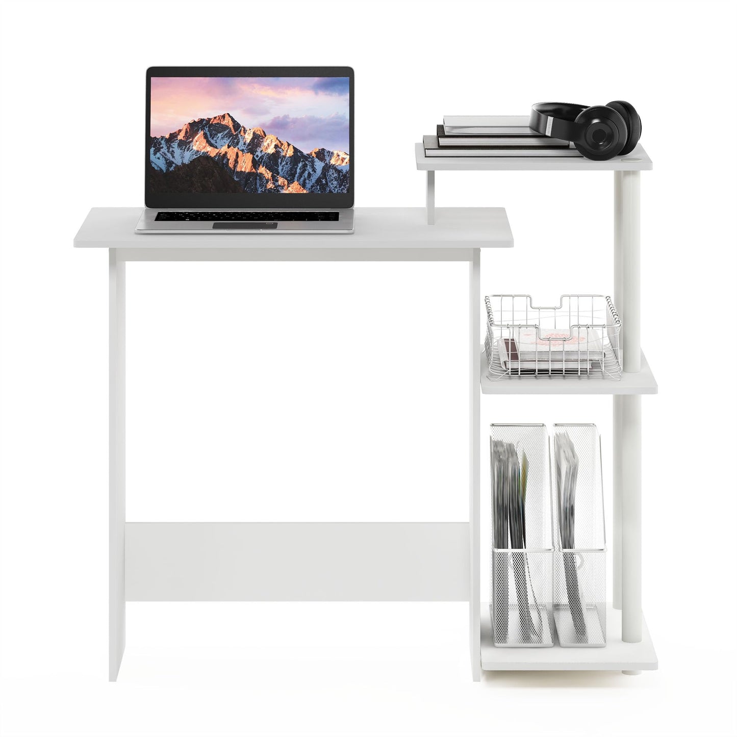 Furinno EFFICIENT Desk, 28.6" Wide Gaming Desk with 3 Open Side Shelves, Laptop Notebook Computer Desk, Office Desk for Home Office, Study Room, Dorm, Bedroom, White