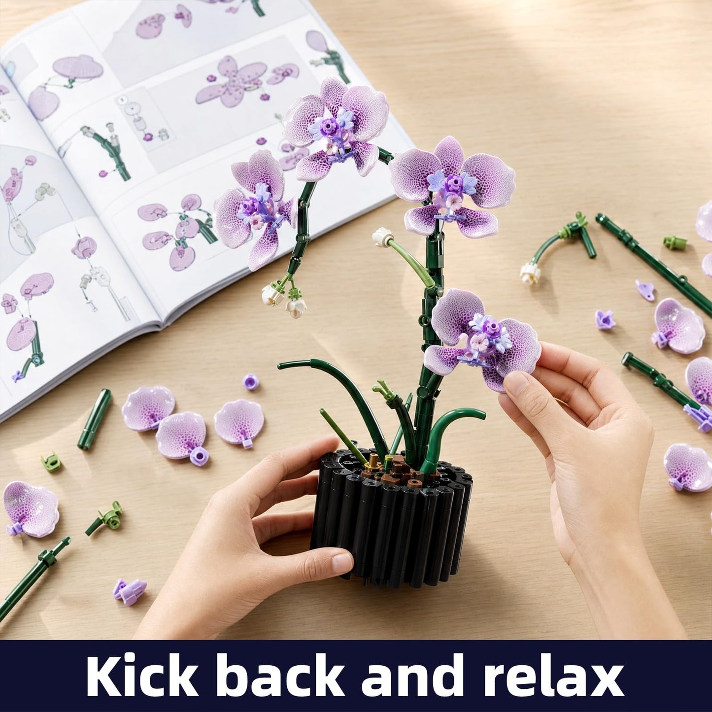 Ouepiano Artificial Orchid Building Set for Adults – 619PCS Flower Bouquet Kit, Lifelike Butterfly Orchid Potted Plant Model, DIY Home Office Desk Decor, No Watering Needed