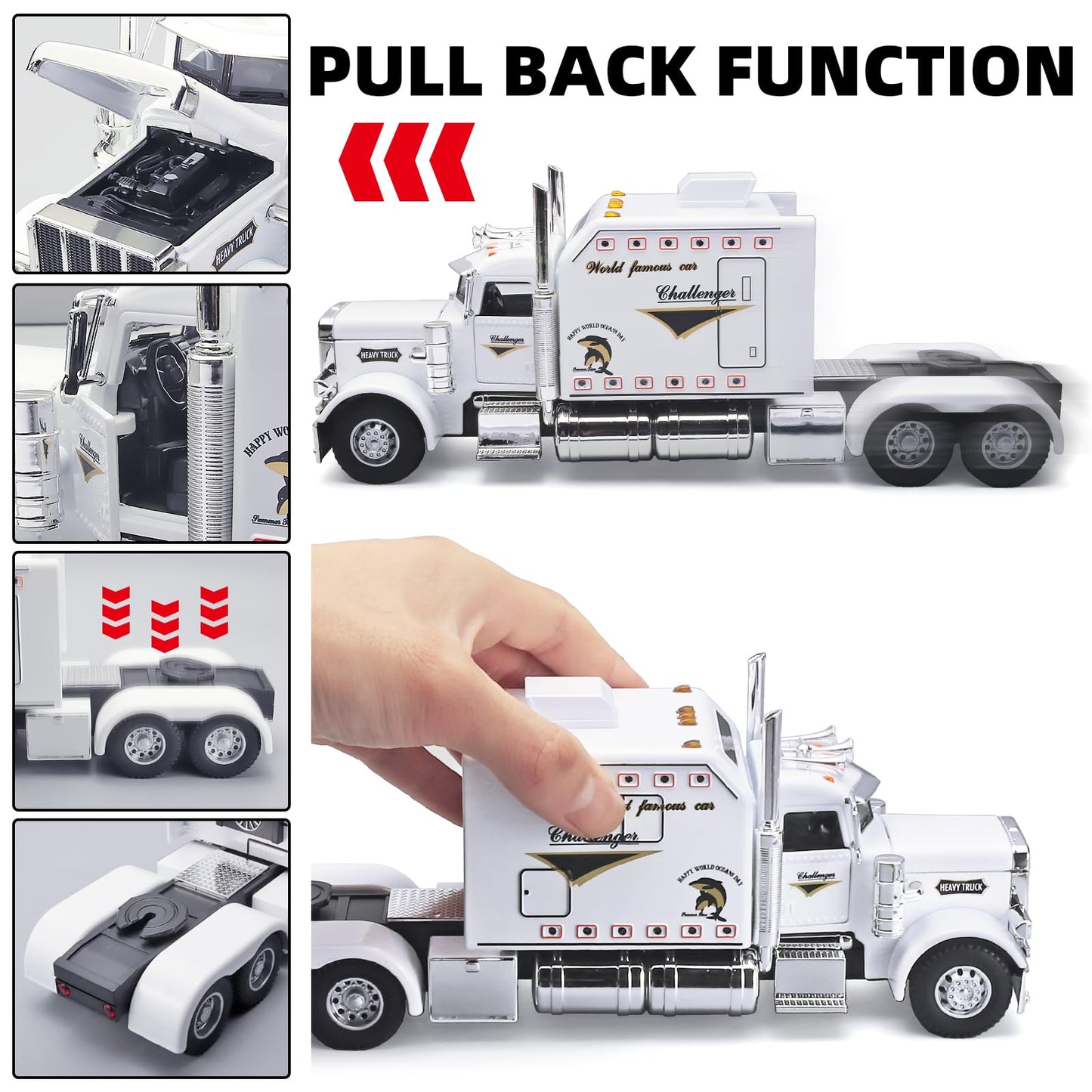 OANMYJJO Semi Truck Toys for Boy Heavy Trucks,Metal Diecast Trucks Model Pull Back Cars with Light and Sound,Truck and Trailer Toys for Boys,Toy Trucks for Boys Age 4-7(White)