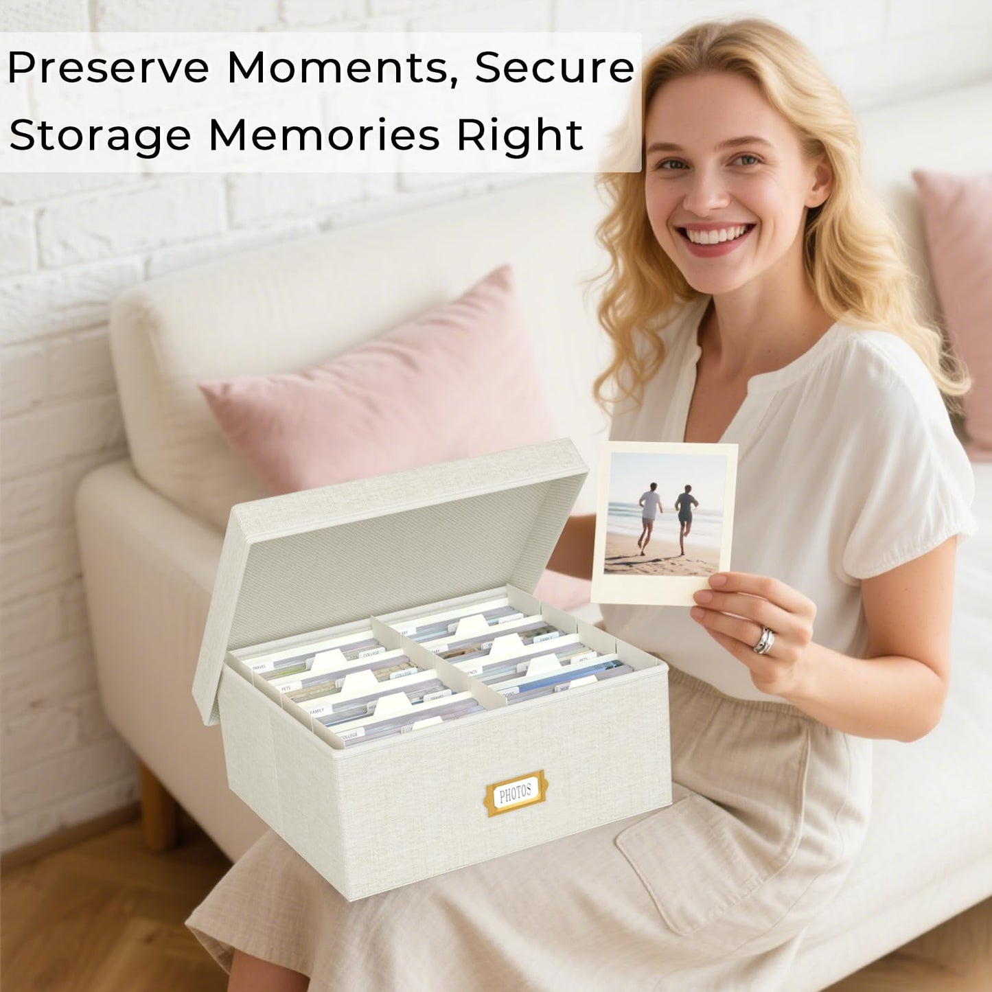 Decorative Photo Storage Box - 2 Pack Linen Photo Box Organizer with Dividers, Fits Holds Up to 1700 Pictures and 4x6 Photos, Memory Keepsake Organizer for Scrapbook Supplies, Cards, Stamps (Beige)