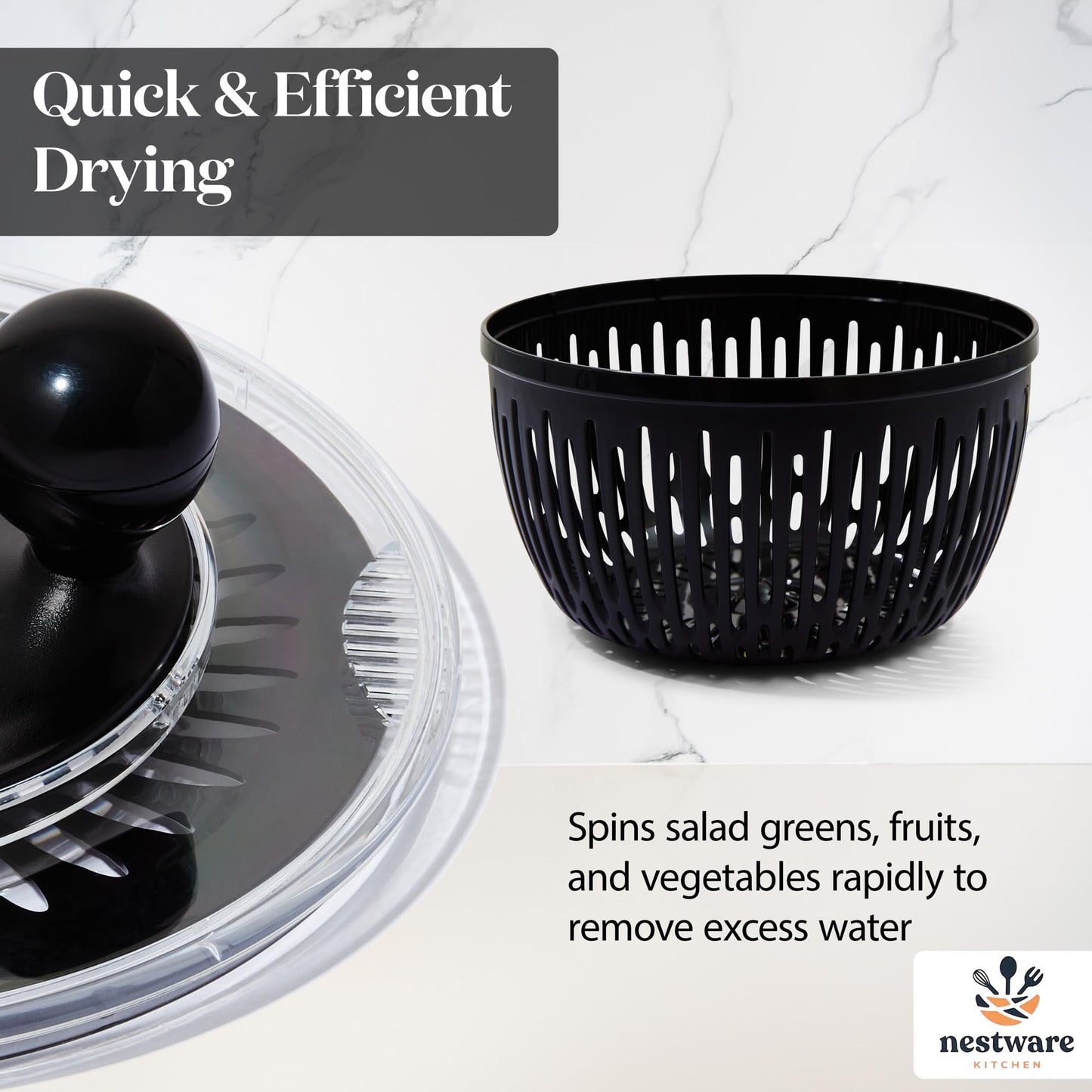 Nestware Kitchen Stainless Steel Salad Spinner Large, 5.3 Qt - Lettuce, Vegetable & Fruit Washer & Dryer with Quick-Stop Brake Button, Colander Basket & Non-Slip Base (304 Stainless Steel - Black)